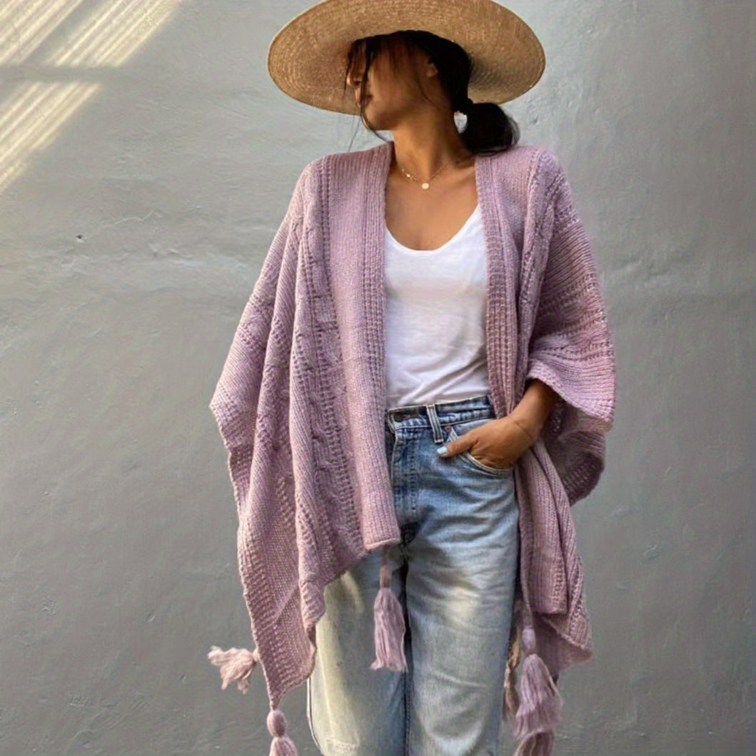 vlovelaw Ribbed Knitted Tassel Shawl Warm Windproof Wrap Poncho Boho Solid Color Cloak Trendy Sweater Cape Cardigan