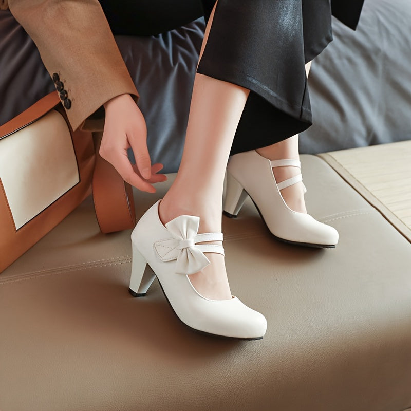 vlovelaw Women's Bow Decor Pumps, Elegant Solid Color Chunky High Heels, All-Match Uniform Dress Shoes