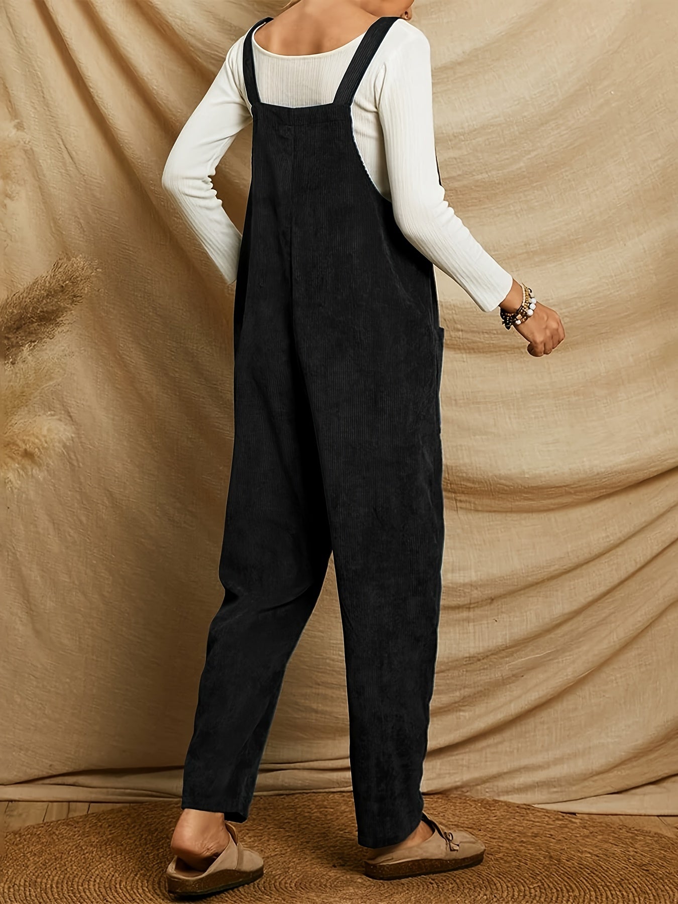 Solid Corduroy Overall Jumpsuit, Casual Patched Pockets Overall Jumpsuit For Spring & Fall, Women's Clothing