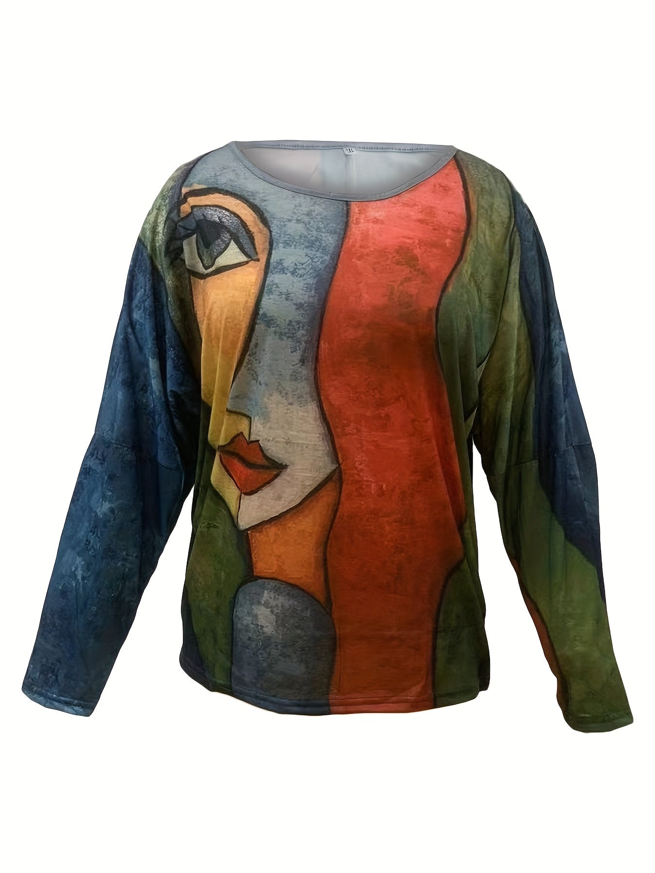 Plus Size Casual T-shirt, Women's Plus Abstract Print Long Sleeve Round Neck Medium Stretch T-shirt
