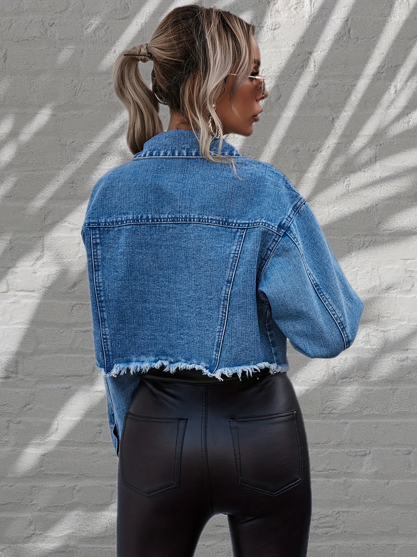 vlovelaw  Blue Raw Hem Denim Jackets, Long Sleeves Slight Stretch Lapel Denim Coats, Women's Denim Clothing