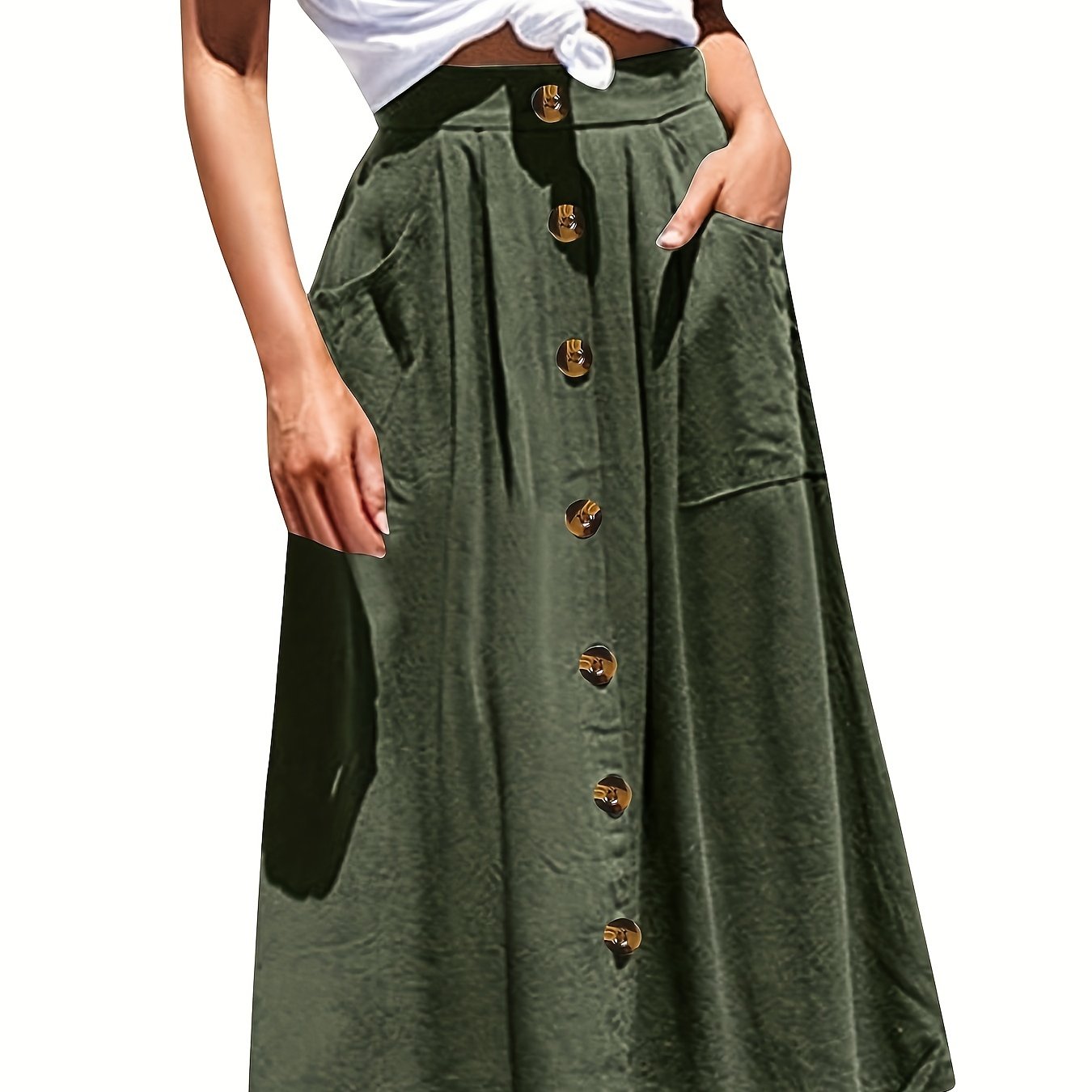 Plus Size Elegant Skirt, Women's Plus Solid Button Decor Slight Stretch Pleated Maxi Skirt With Pockets