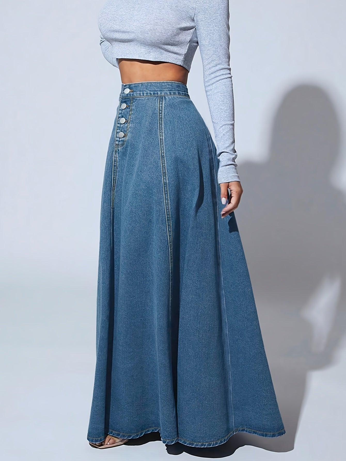 vlovelaw Single-breasted Button Denim Midi Skirt, High Waist A-line Vintage Elegant Denim Skirts, Women's Denim Clothing