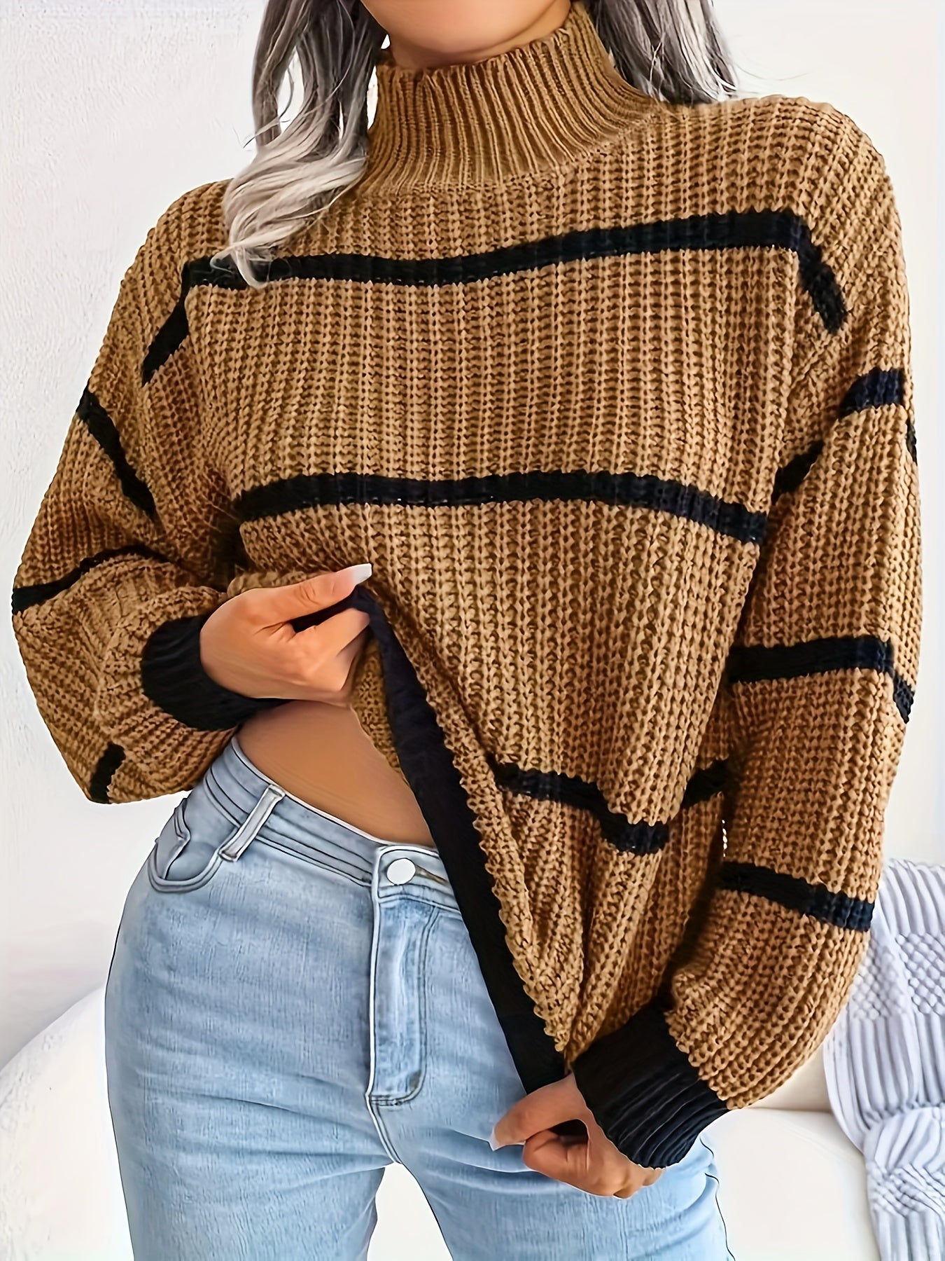vlovelaw Striped Color Block Crew Neck Sweater, Casual Long Sleeve Loose Fall Winter Knit Sweater, Women's Clothing