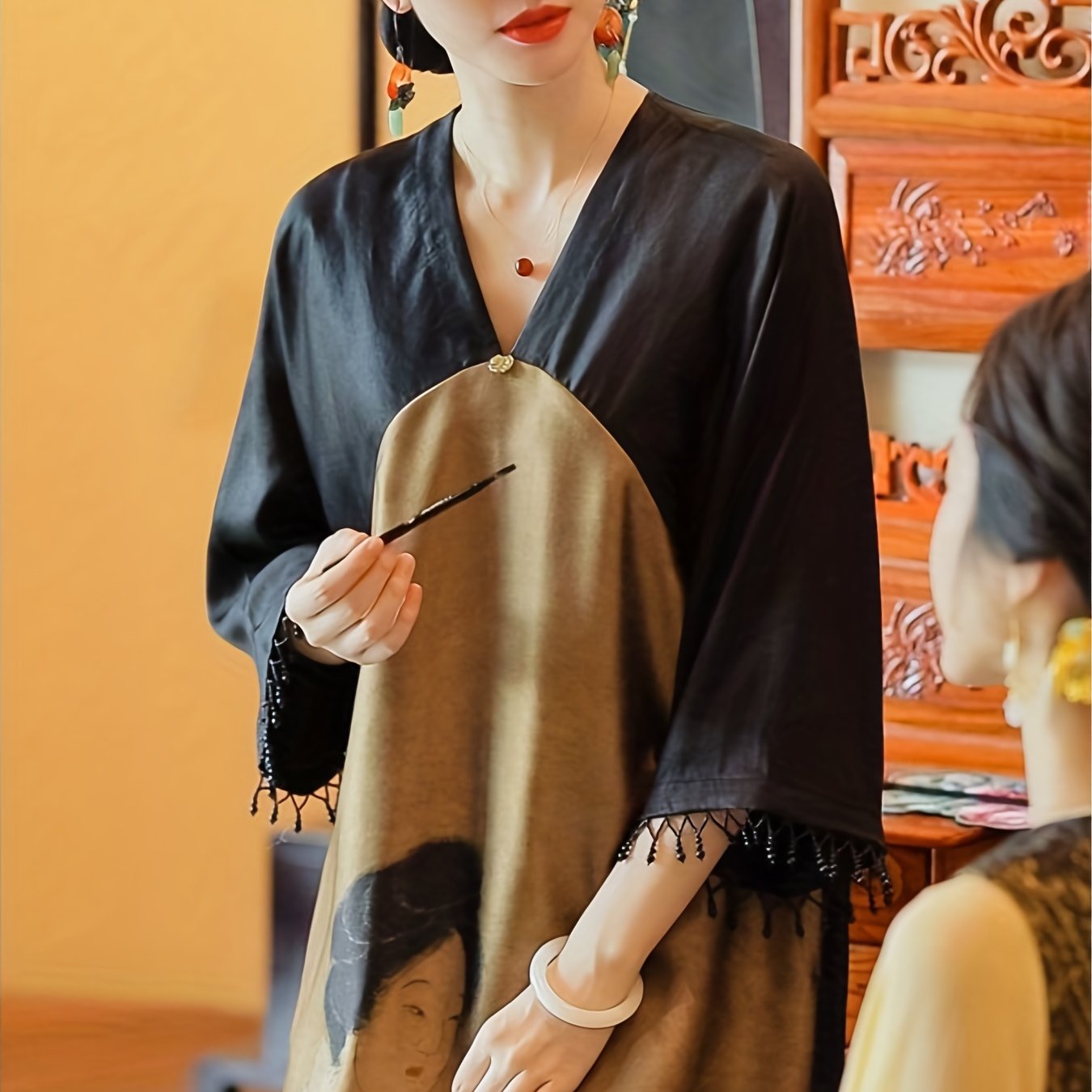 Color Block V Neck Cheongsam Dress, Vintage Split Neo-Chinese Style Qipao Dress, Women's Clothing