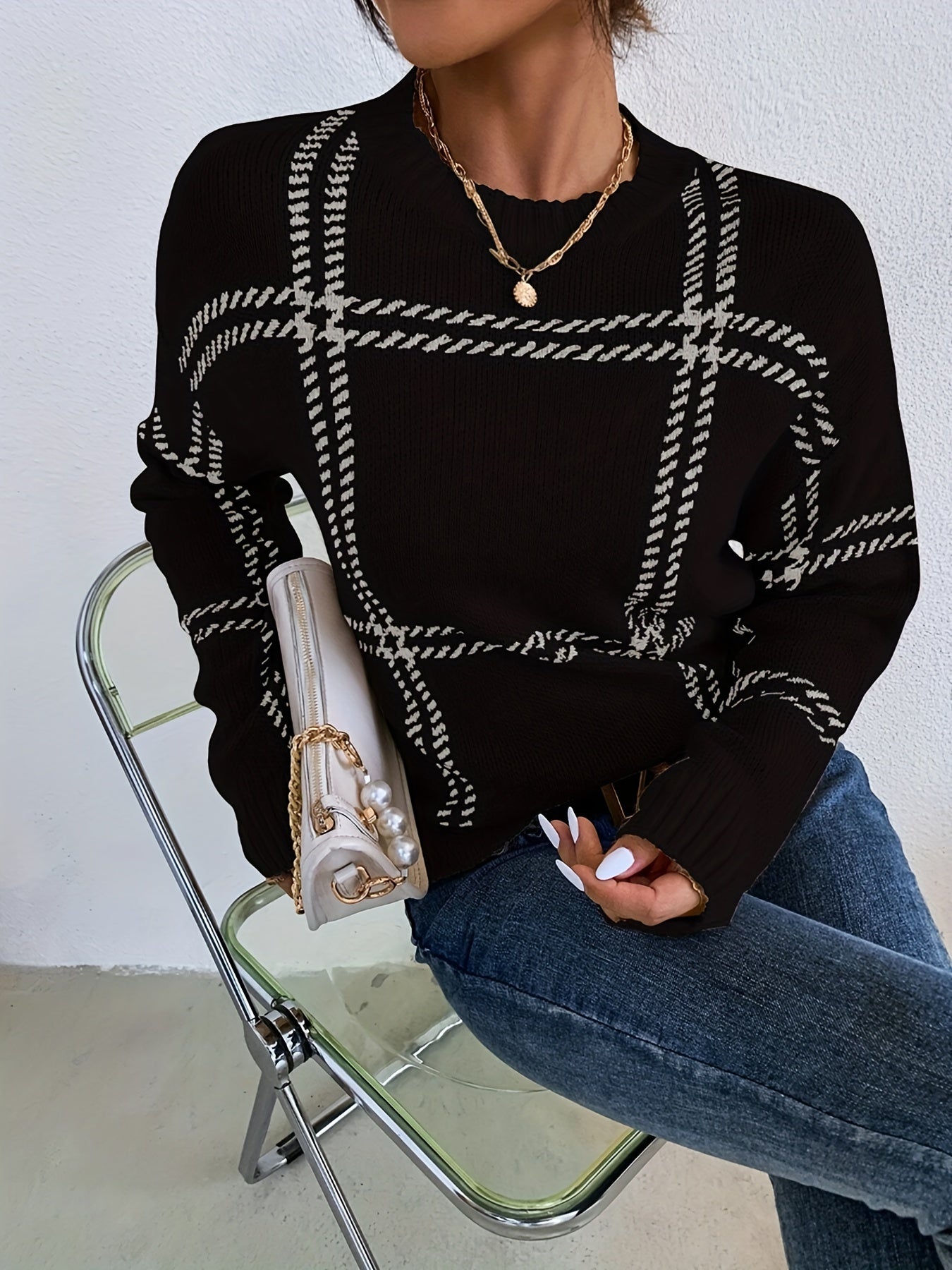 vlovelaw Plaid Crew Neck Pullover Sweater, Casual Long Sleeve Drop Shoulder Sweater For Fall & Winter, Women's Clothing