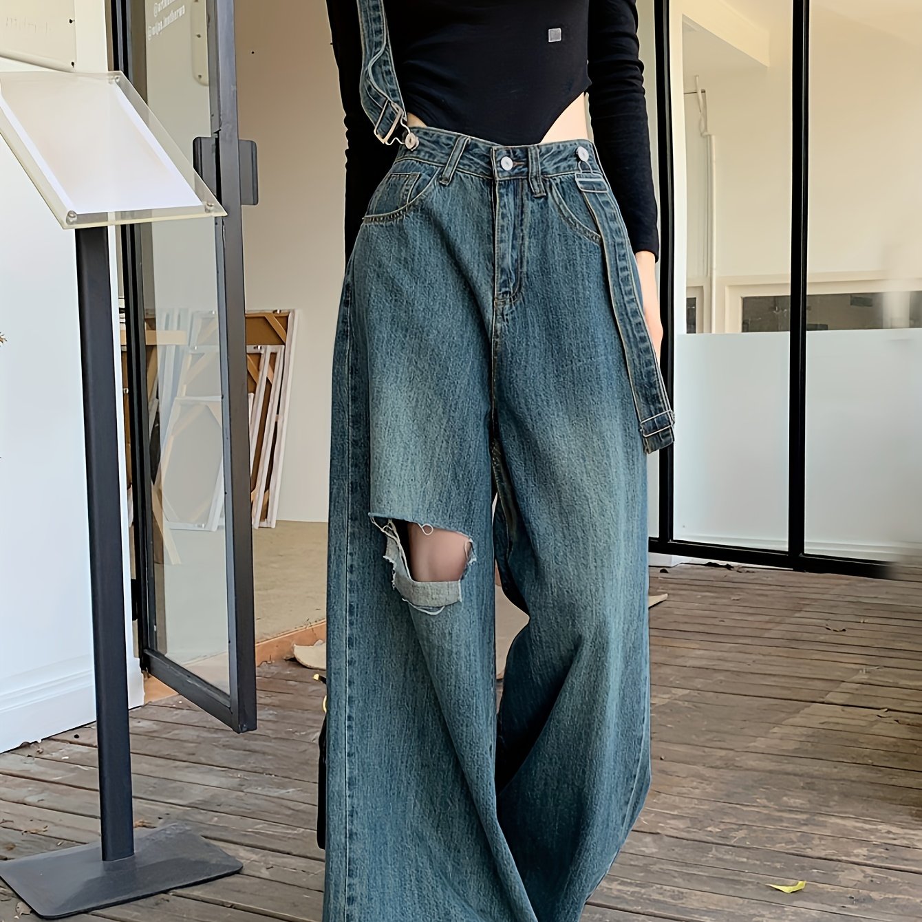 vlovelaw Ripped Vintage Washed Wide Leg Denim Jeans, Loose Fit Adjustable Strap Comfy Denim Overalls, Women's Denim Jeans & Clothing