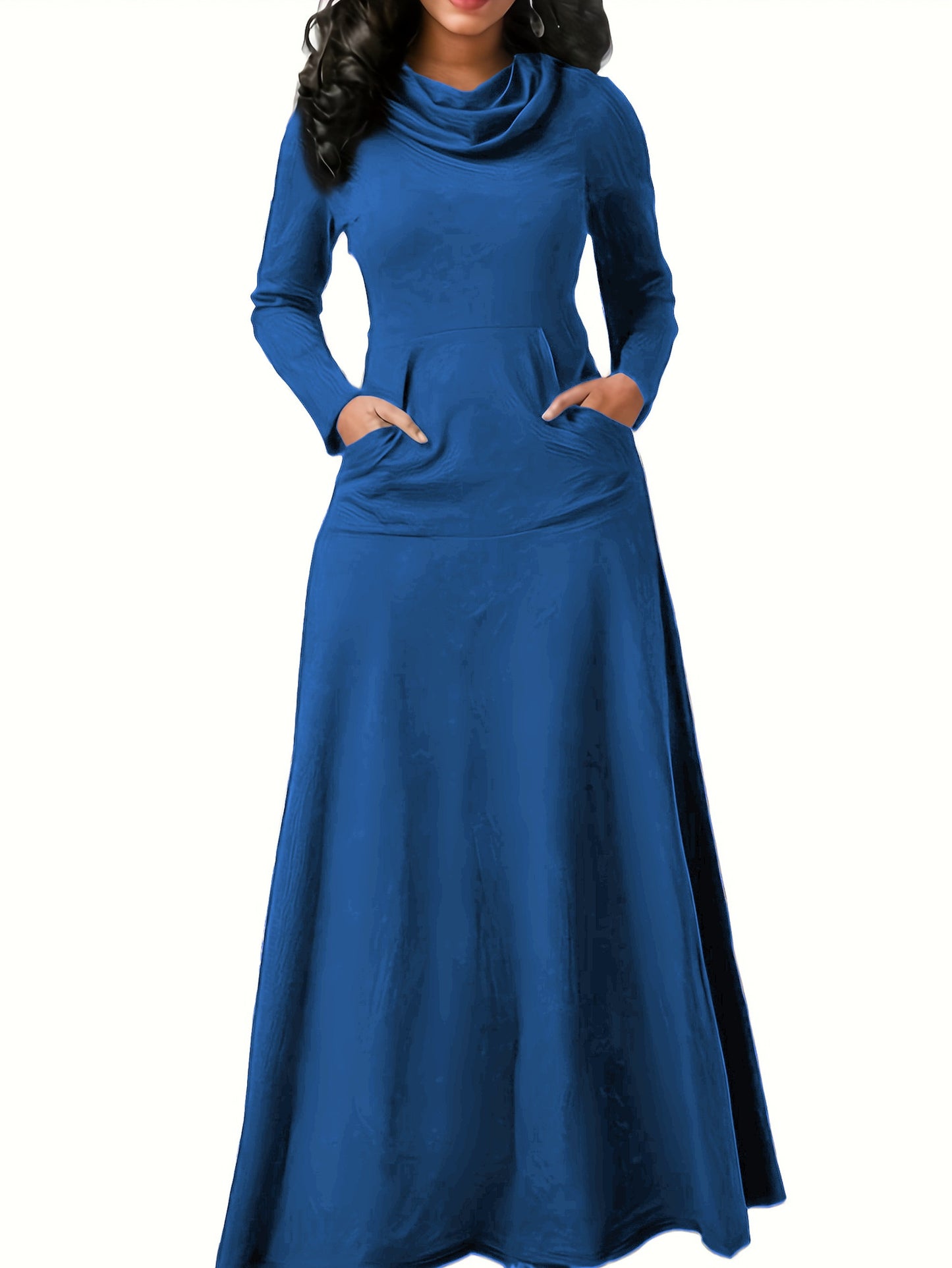 Plus Size Casual Dress, Women's Plus Solid Long Sleeve Turtleneck High Stretch Maxi Dress With Pockets