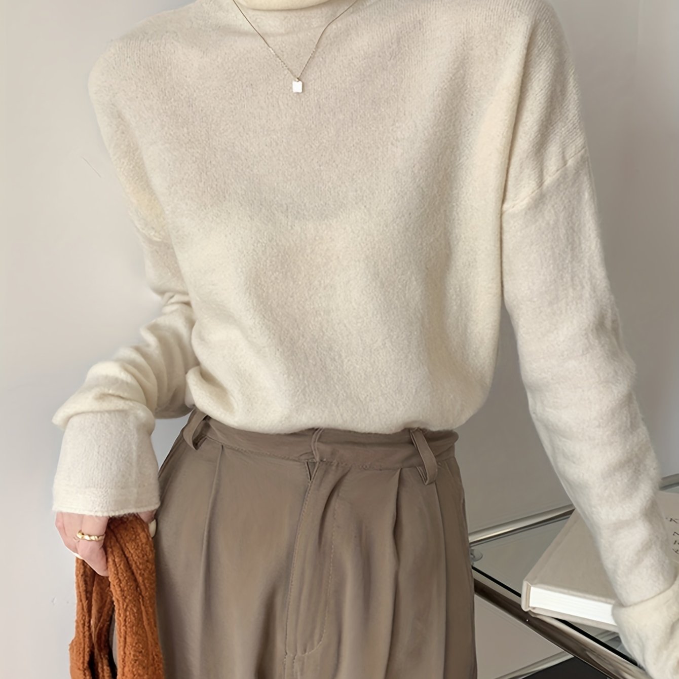 vlovelaw Solid Turtle Neck Pullover Sweater, Casual Long Sleeve Versatile Inner Wear Sweater, Women's Clothing