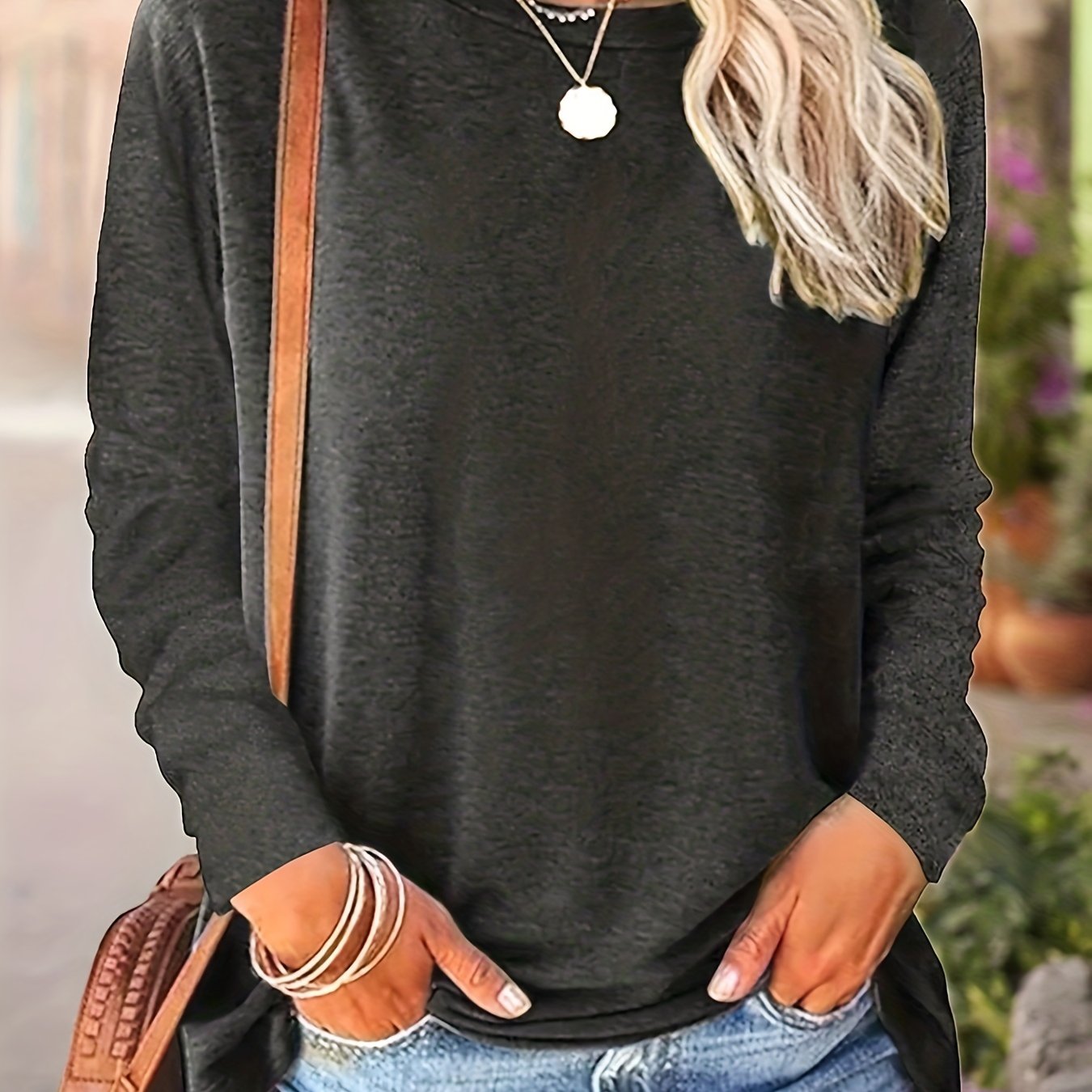 Plus Size Casual T-shirt, Women's Plus Solid Long Sleeve Round Neck Slight Stretch T-shirt