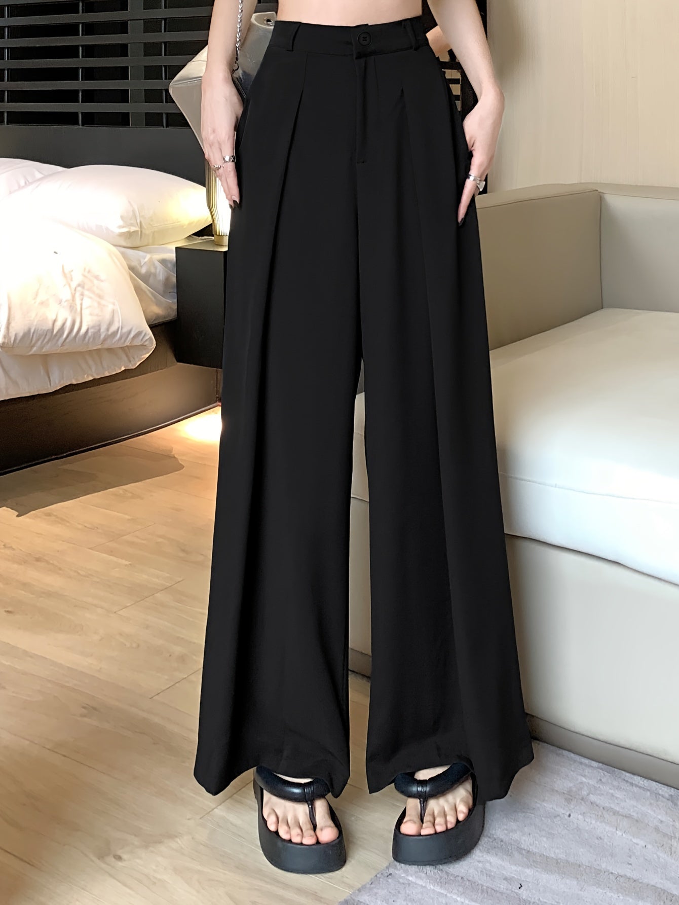 vlovelaw Solid Button Front Wide Leg Pants, Versatile High Waist Pants For Spring & Fall, Women's Clothing