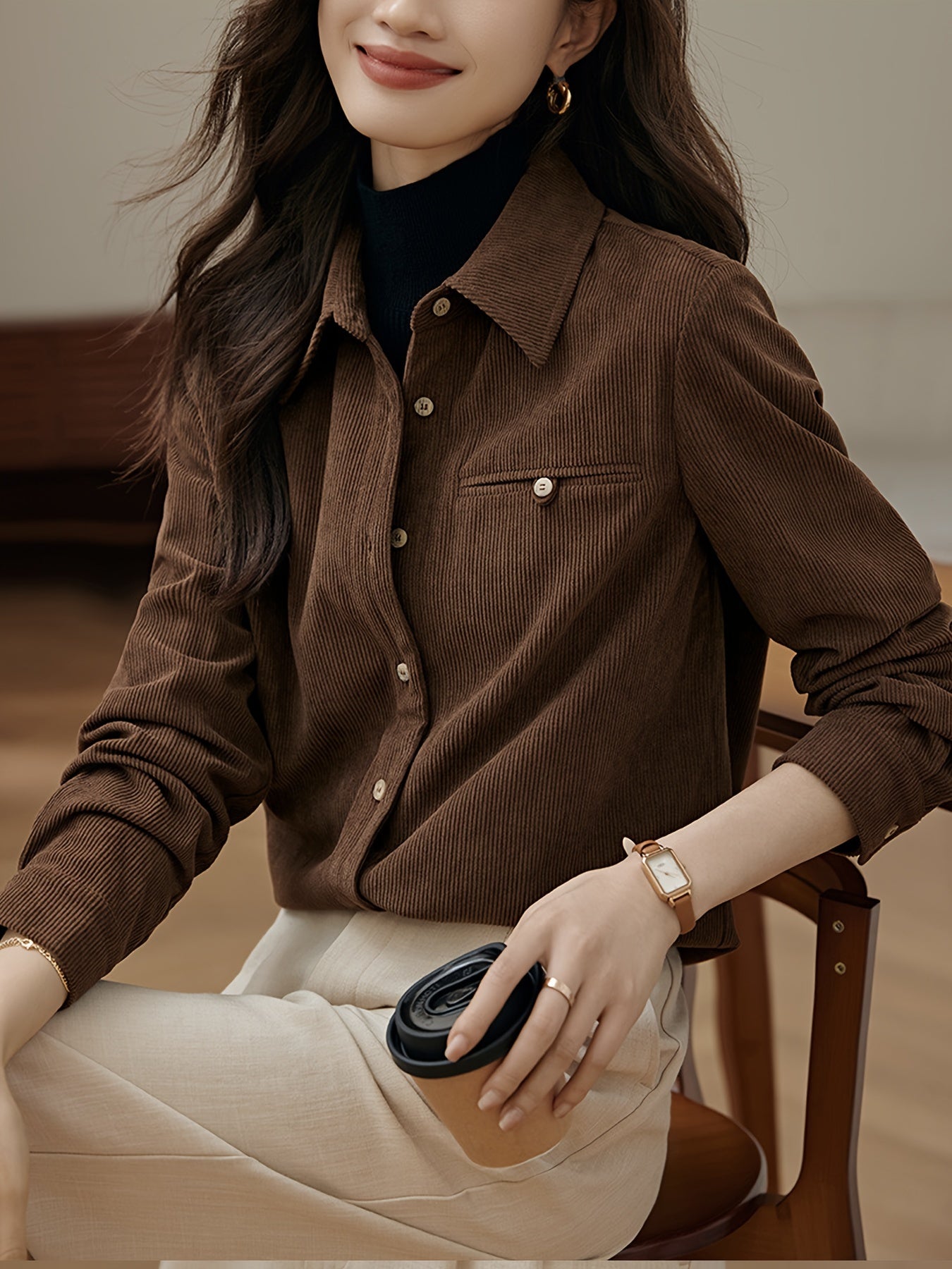 Ribbed Polo Collar Button Shirt, Elegant Long Sleeve Shirt For Spring & Fall, Women's Clothing