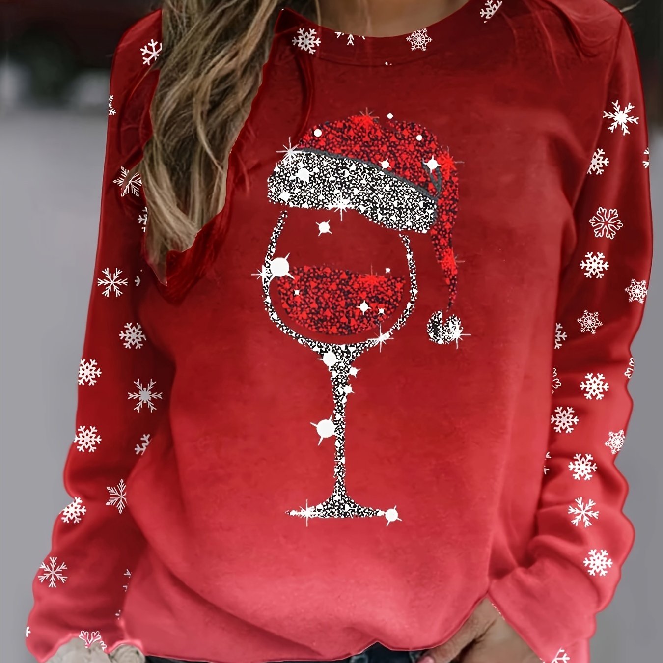 vlovelaw Christmas Snowflake Print Crew Neck Sweatshirt, Long Sleeve Casual Sports Pullover Top, Women's Clothing