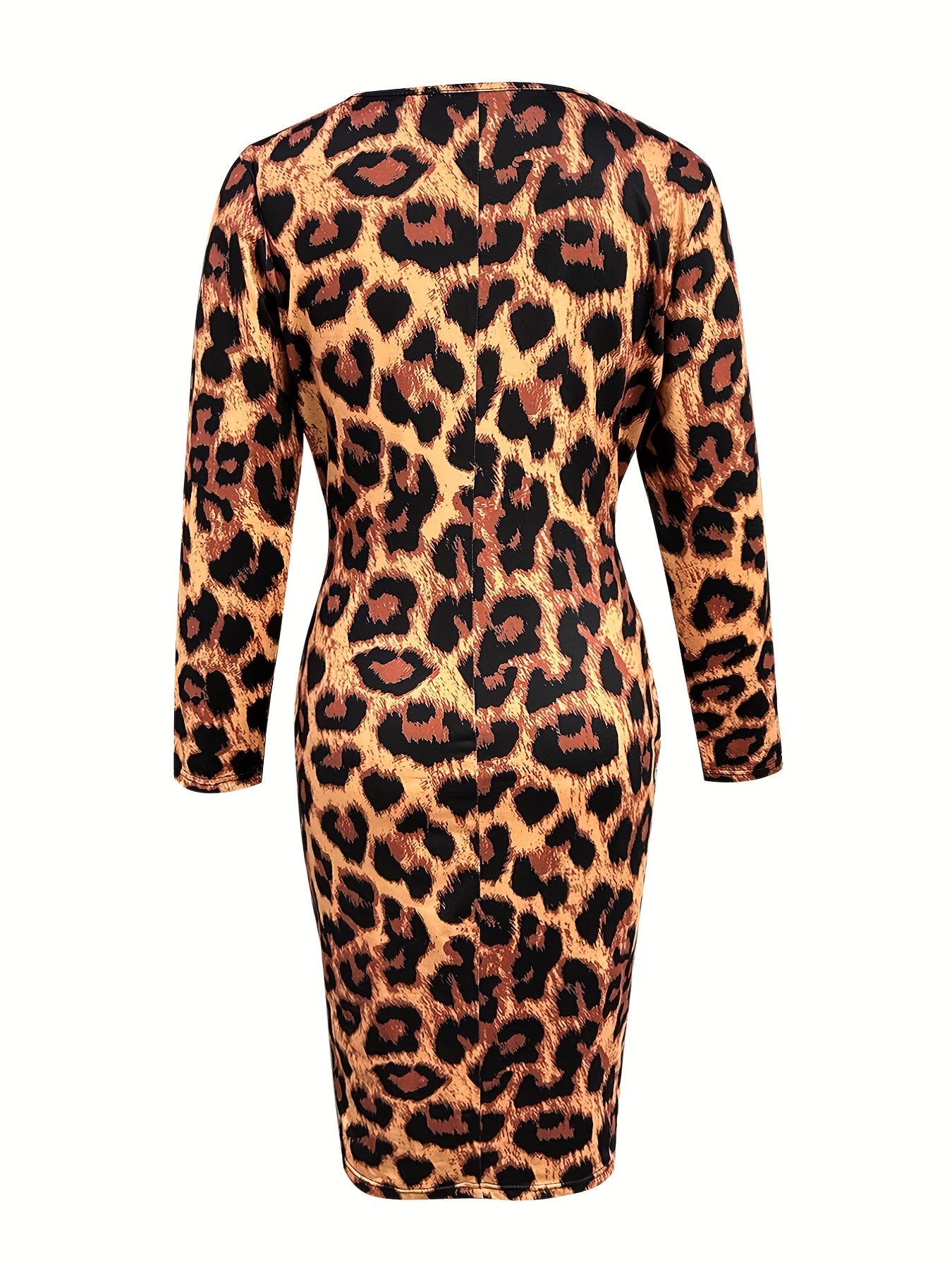 vlovelaw Leopard Print Bodycon Dress, Sexy Long Sleeve Surplice Neck Dress, Women's Clothing