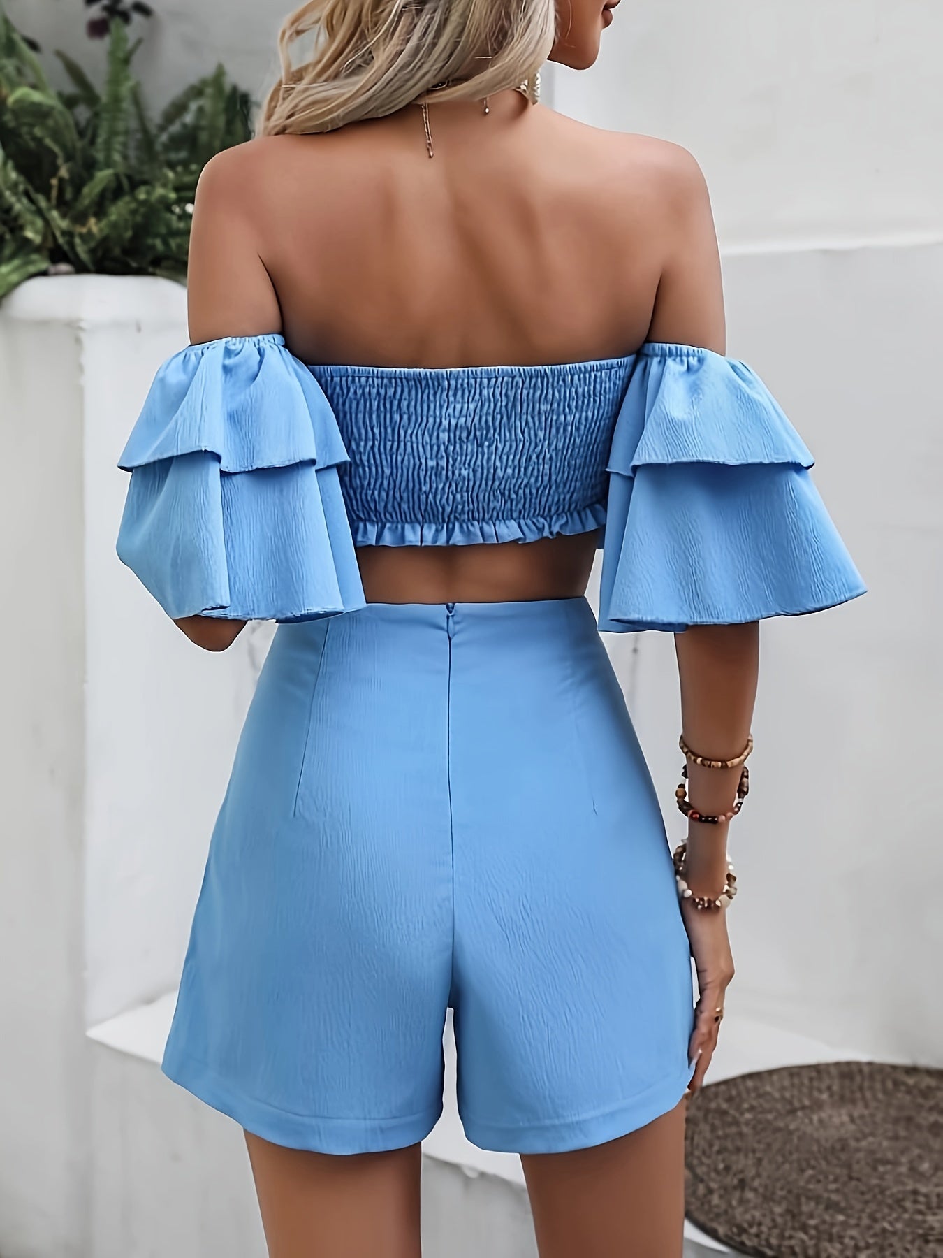 vlovelaw Elegant Solid Two-piece Shorts Set, Off Shoulder Shirred Short Sleeve Tube Top & Skinny Zipper Back Shorts Outfits, Women's Clothing