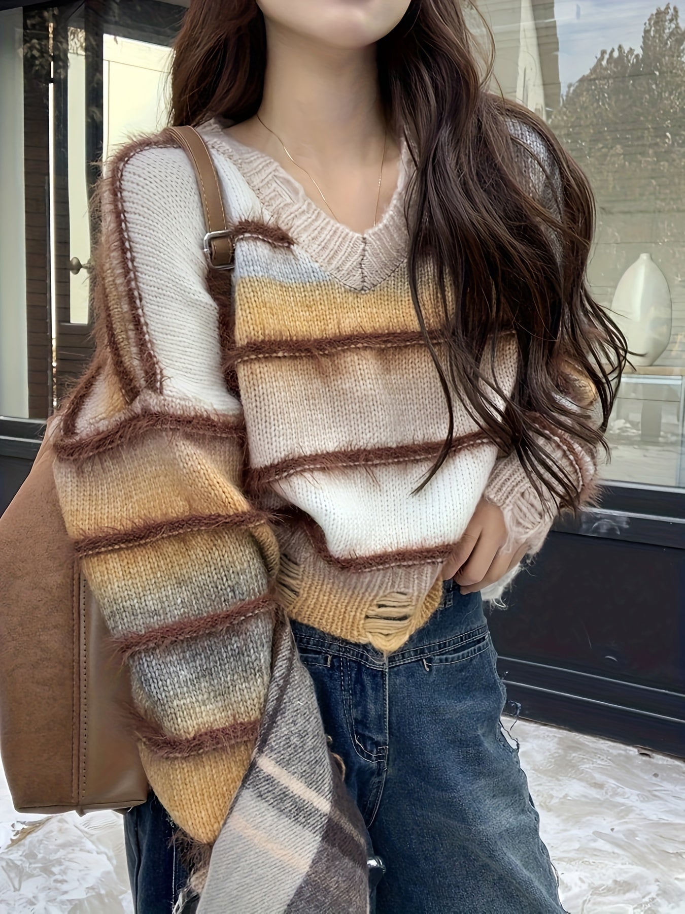 vlovelaw Striped V Neck Pullover Sweater, Casual Long Sleeve Ripped Sweater, Women's Clothing