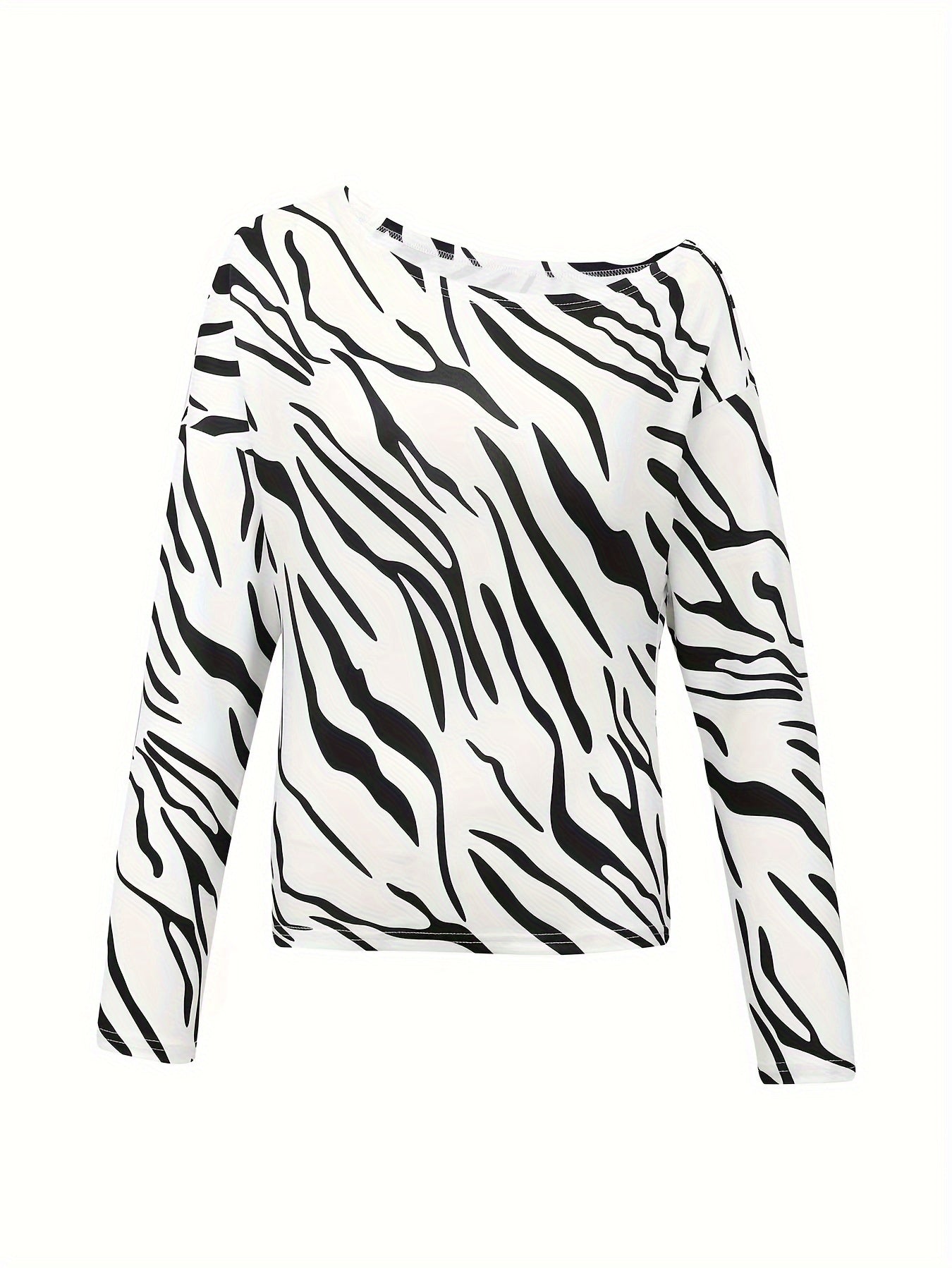 vlovelaw Zebra Pattern Off Shoulder T-shirt, Elegant Long Sleeve Top For Spring & Fall, Women's Clothing