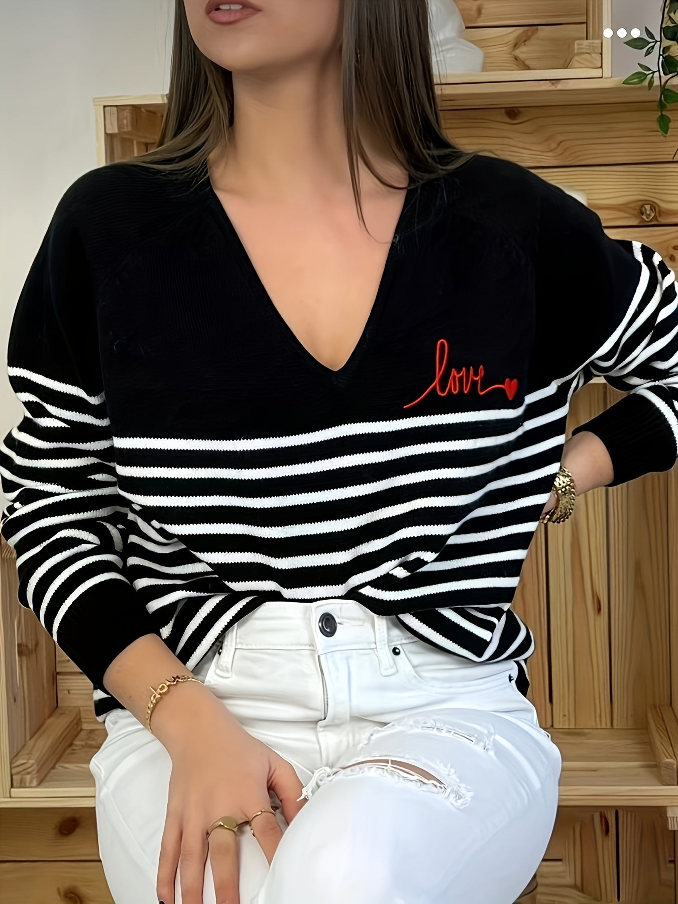 Striped V Neck Pullover Sweater, Casual Long Sleeve Sweater For Spring & Fall, Women's Clothing