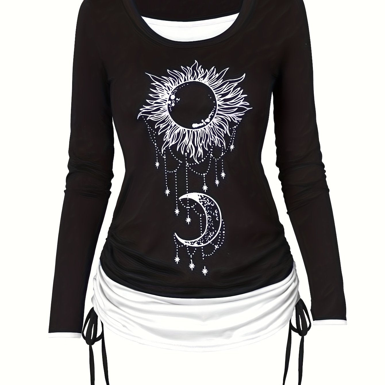 vlovelaw 2 In 1 Moon & Sun Print Side Tie T-Shirt, Casual Colorblock Ruched Long Sleeve T-Shirt, Women's Clothing