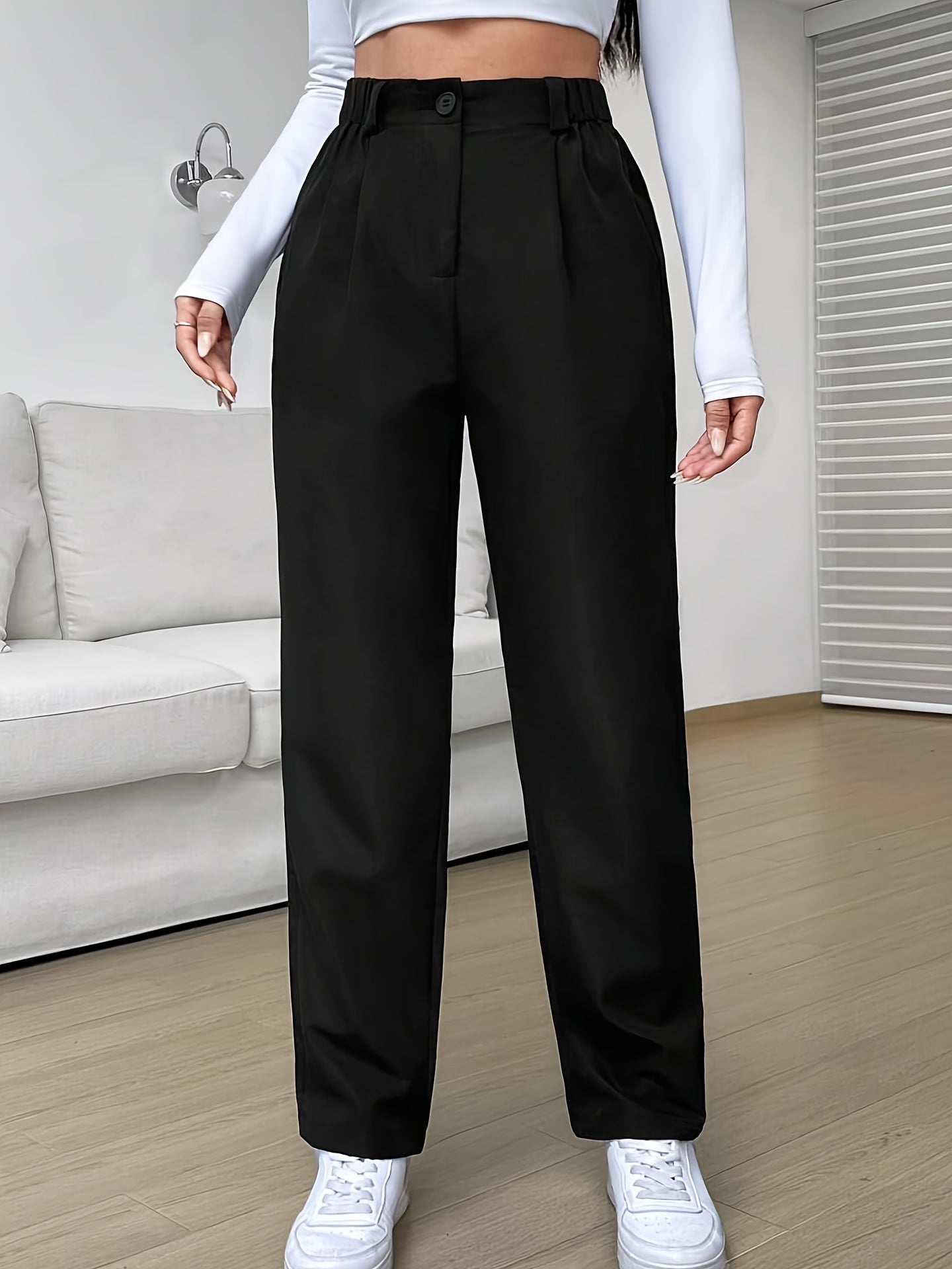 vlovelaw Solid Straight Leg Pants, Elegant High Waist Pants, Women's Clothing