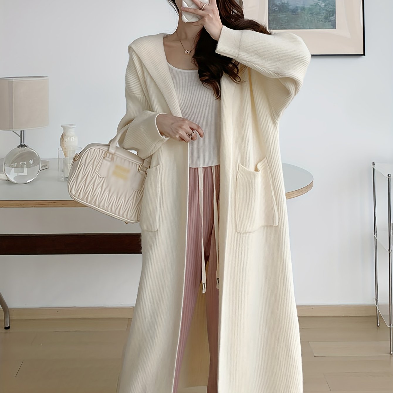 vlovelaw Solid Open Front Hooded Knit Cardigan, Casua Long Sleeve Mid Length Pocket Sweater Coat, Women's Clothing