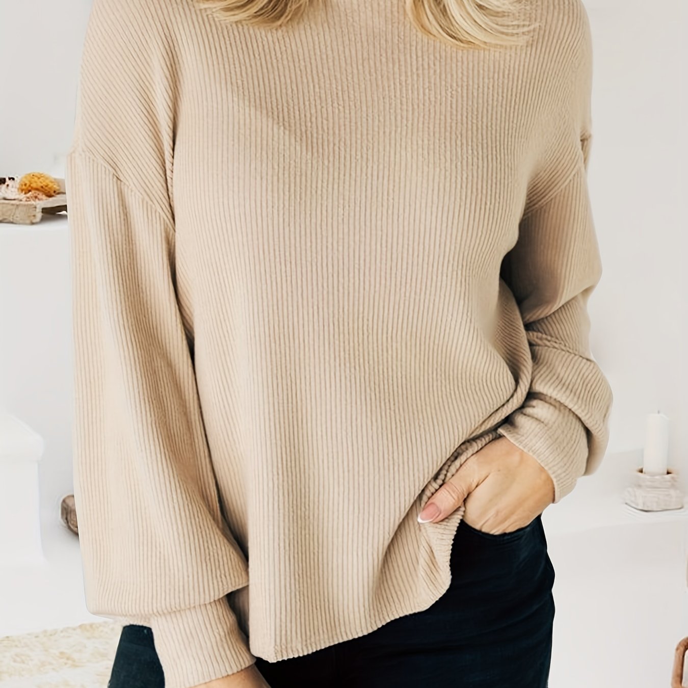 vlovelaw Solid Ribbed Mock Neck T-Shirt, Casual Long Sleeve Top For Spring & Fall, Women's Clothing