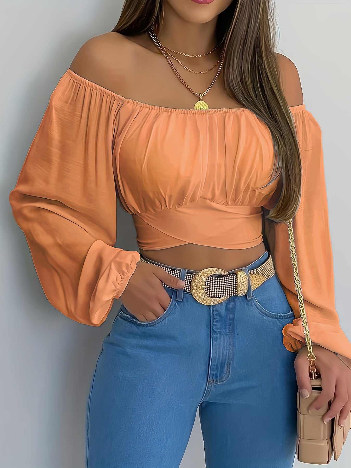 vlovelaw Solid Cross Tie Back Crop Blouse, Casual Off Shoulder Long Sleeve Top, Women's Clothing
