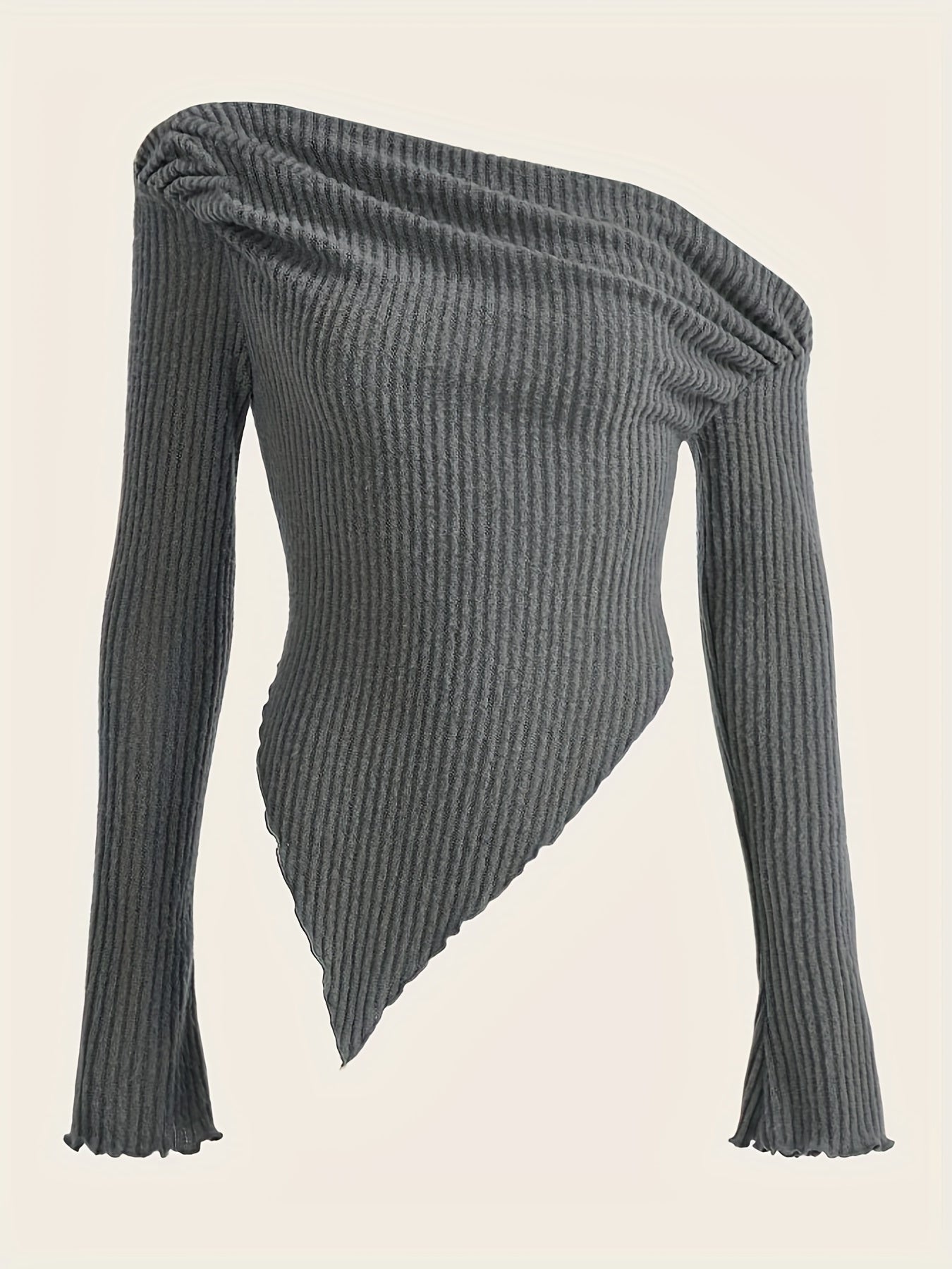 vlovelaw Solid Ruched Asymmetrical Neck T-Shirt, Casual Hanky Hem Long Sleeve Top For Spring & Fall, Women's Clothing