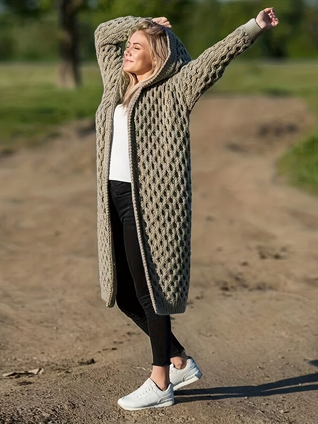 Solid Open Front Hooded Cardigan, Casual Long Sleeve Long Length Sweater For Fall & Winter, Women's Clothing