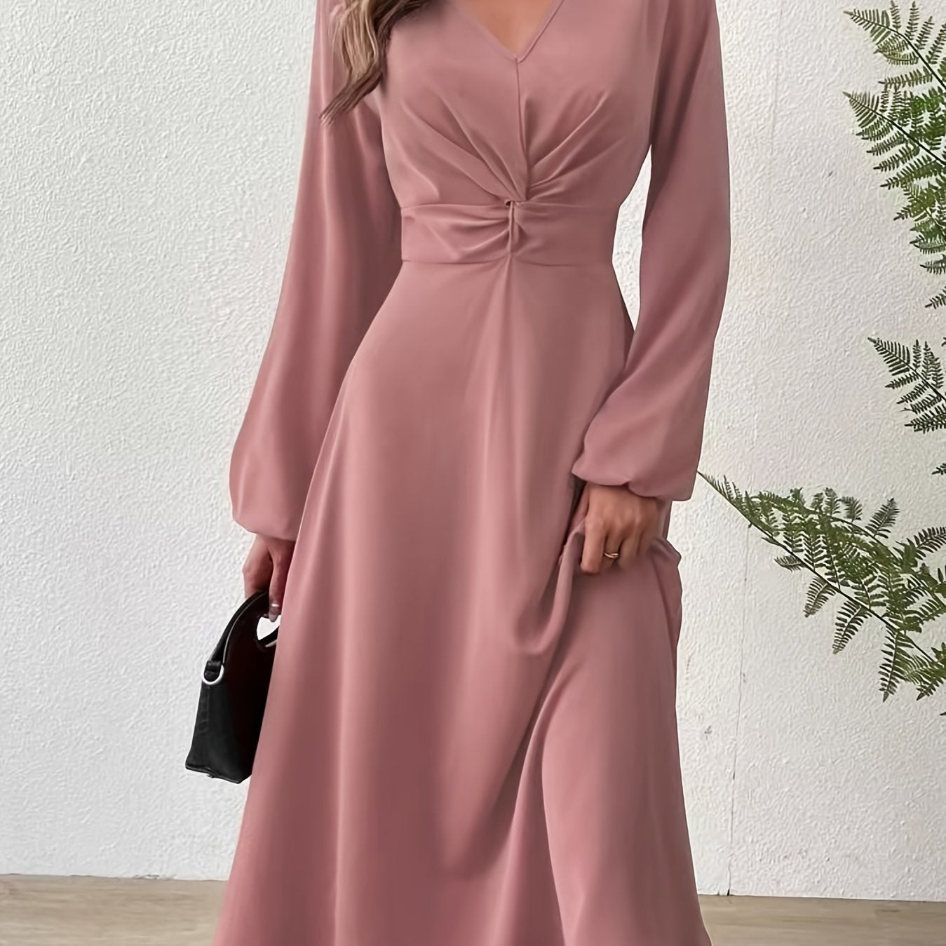 vlovelaw Twist Front Lantern Sleeve Dress, Chic V Neck A-line Dress For Spring & Fall, Women's Clothing