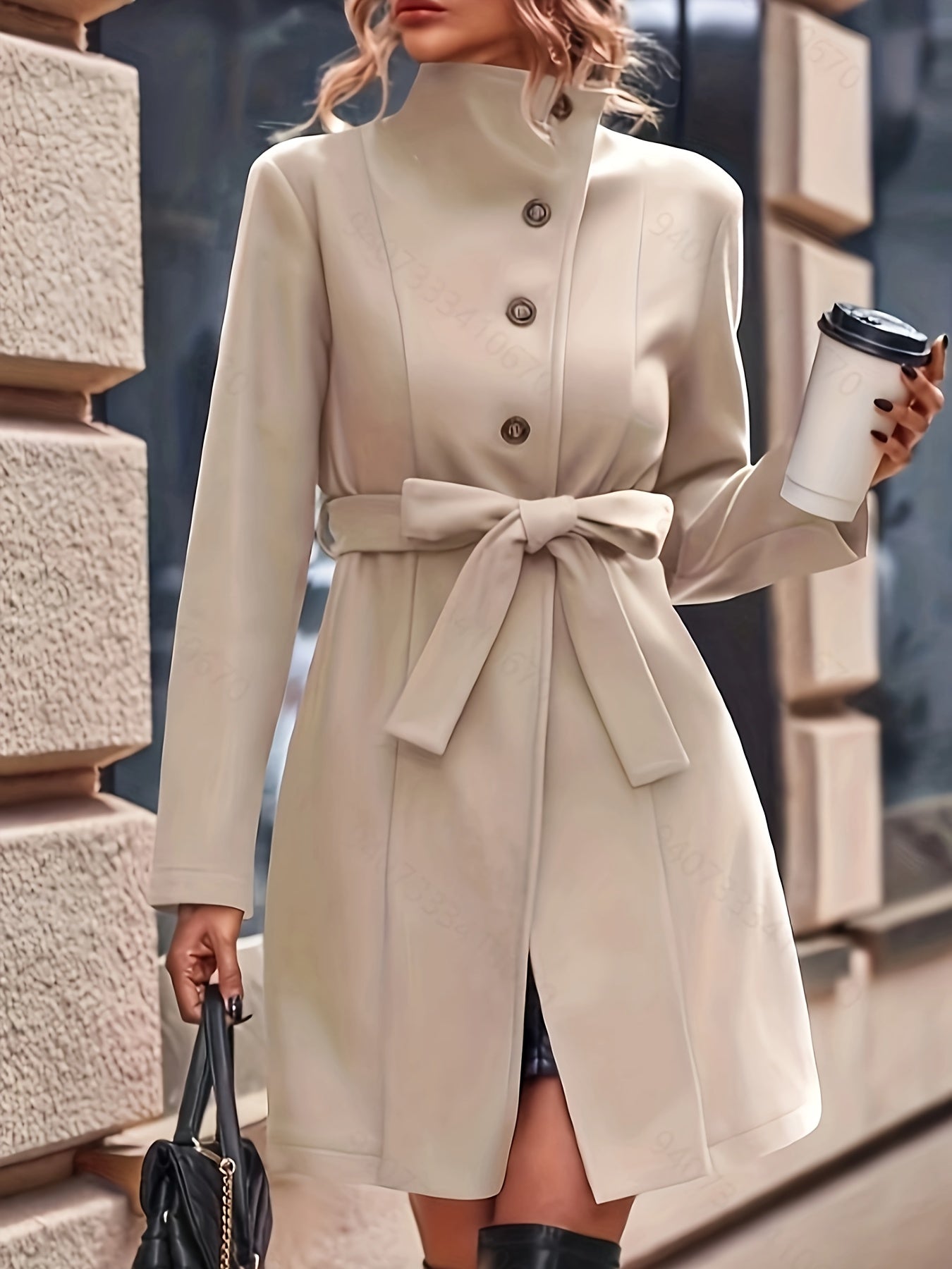 vlovelaw Button Front Solid Coat, Elegant Long Sleeve Fall & Winter Outerwear, Women's Clothing