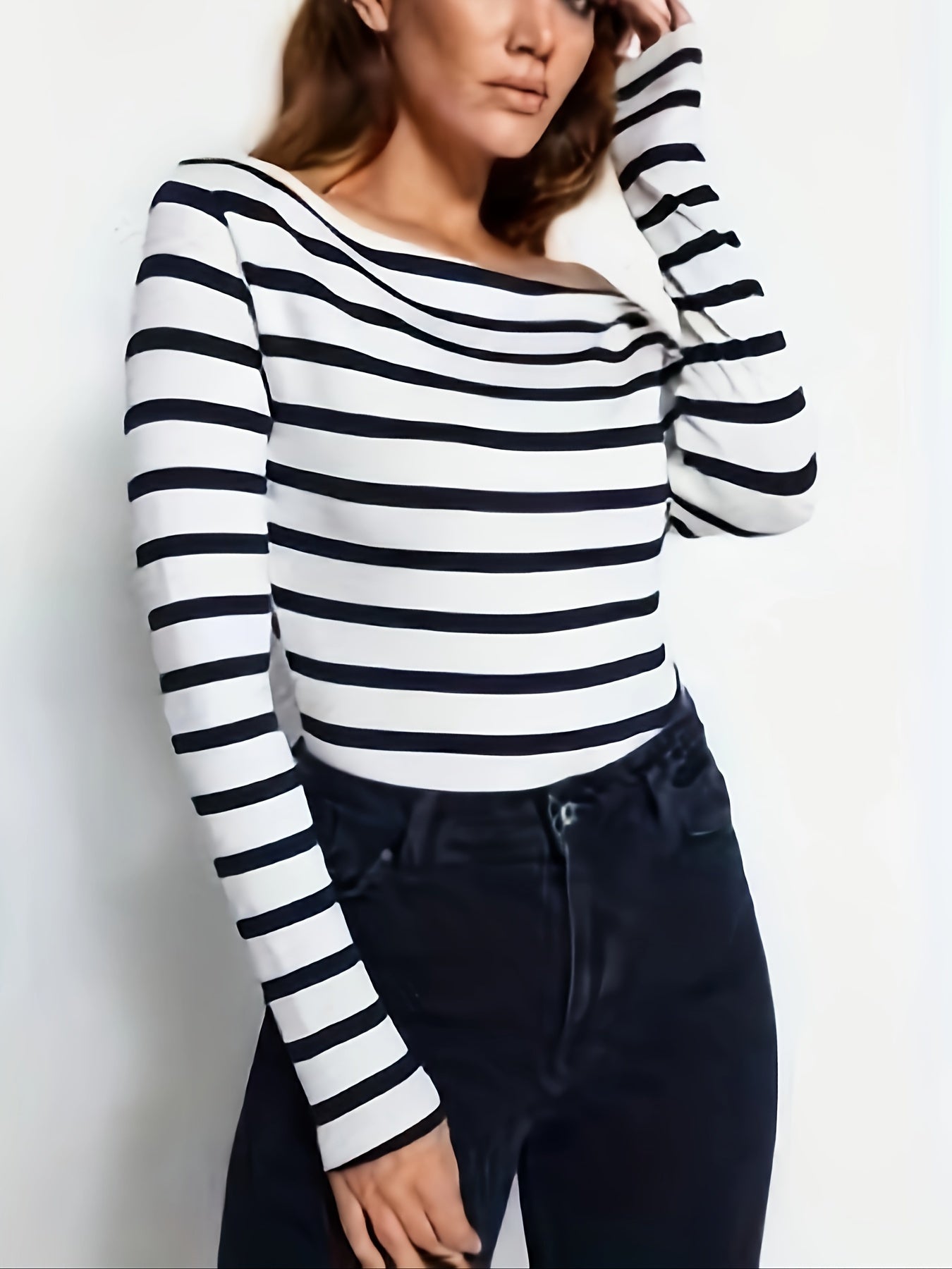 Striped Print One Shoulder T-Shirt, Long Sleeve Top For Spring & Fall, Women's Clothing