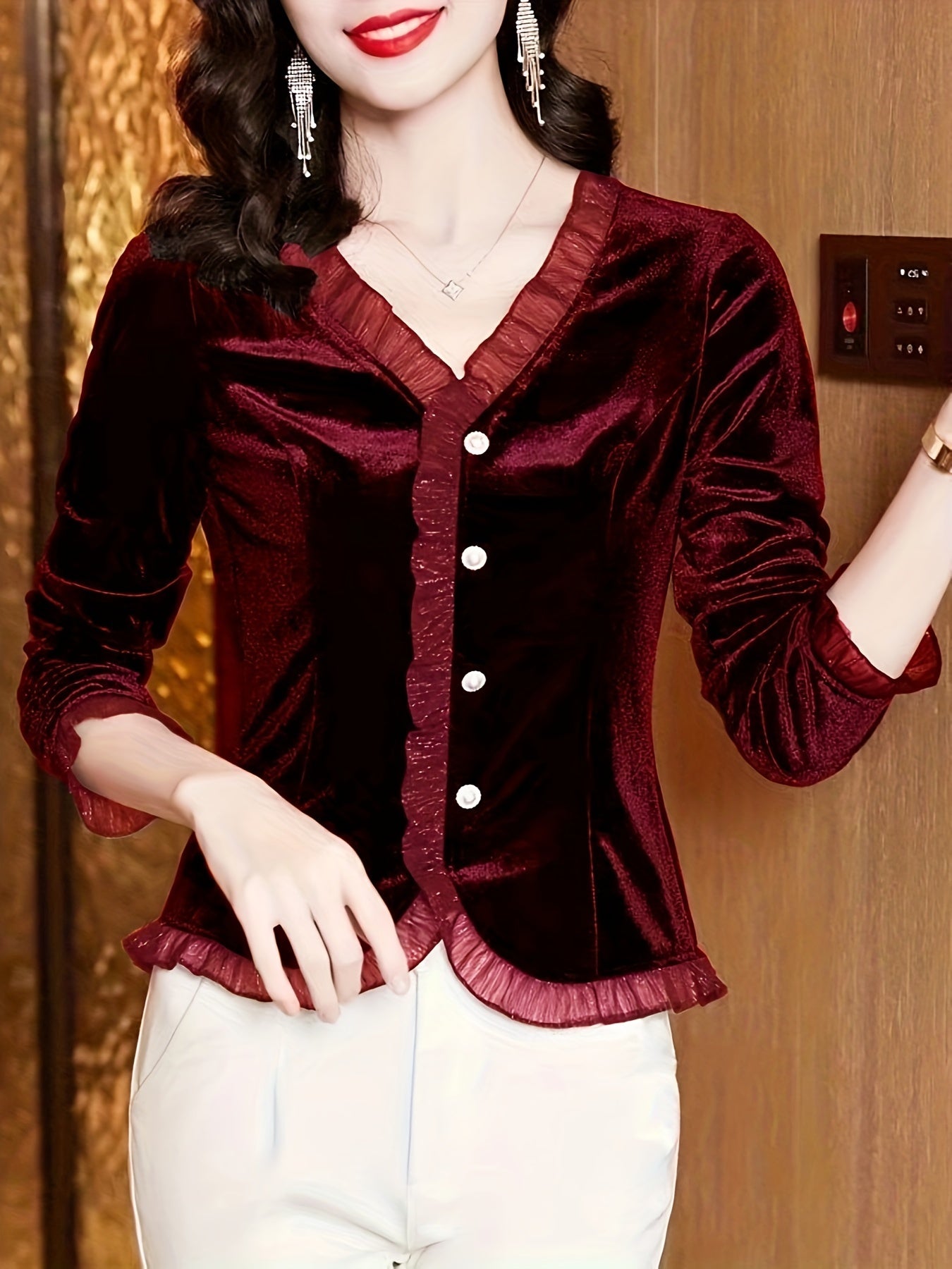 Velvet Lace Contrast Trim Top, Button Front V Neck Long Sleeve T-shirt, Women's Clothing