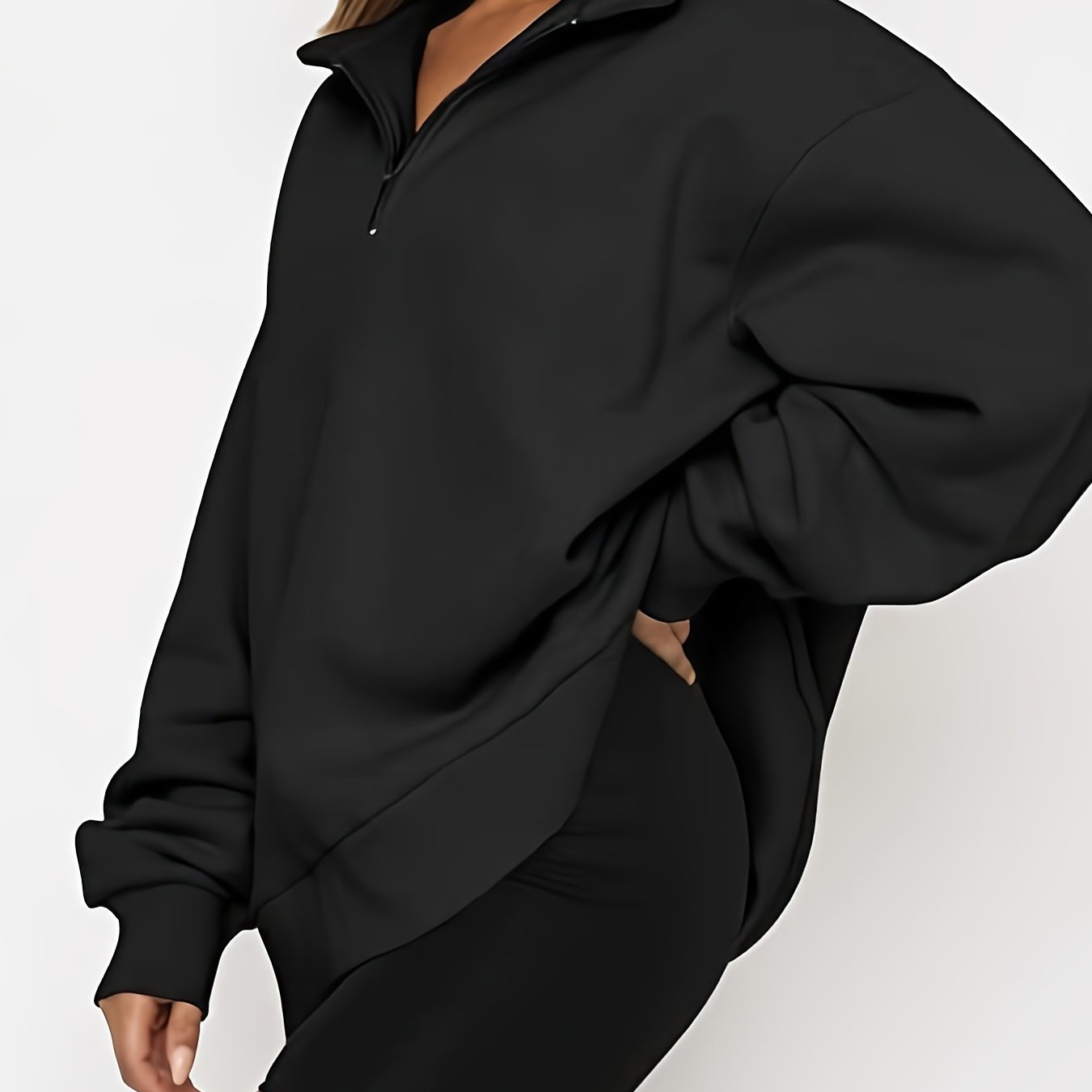 vlovelaw  Plus Size Casual Sweatshirt, Women's Plus Plain Long Sleeve Zipper High Neck Sweatshirt