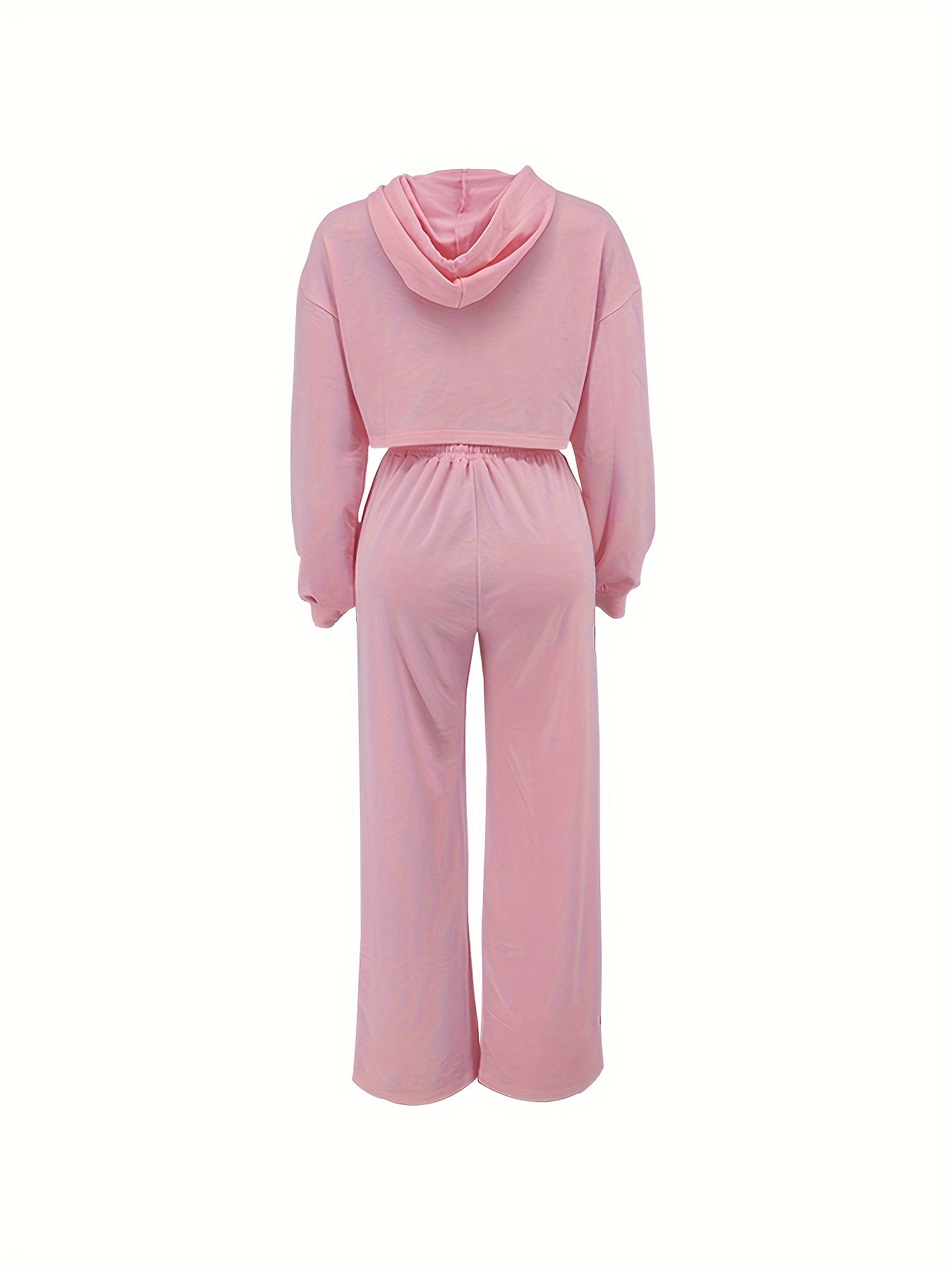 vlovelaw Casual Solid Two-piece Pants Set, Long Sleeve Zipper Front Hooded Top & Drawstring Wide Leg Pants Outfits, Women's Clothing