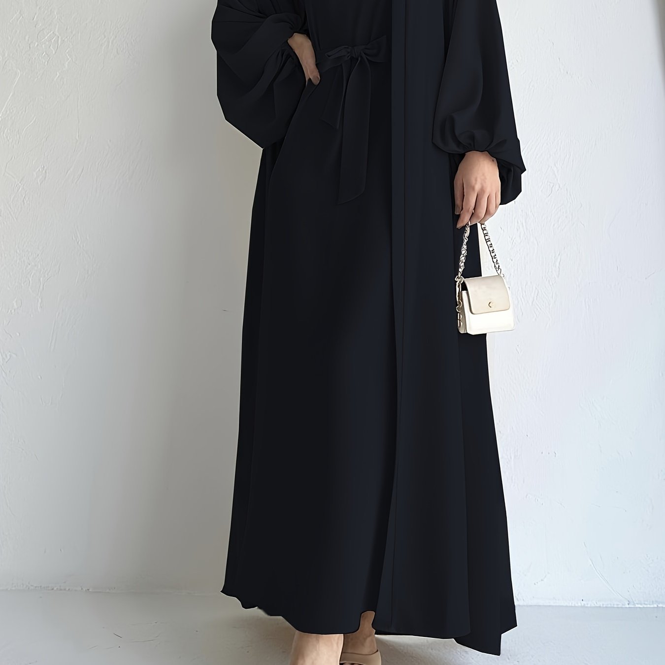 vlovelaw Ramadan Elegant Solid Two-piece Set, Open Front Coverup & Tie Waist Abayas Outfits, Women's Clothing