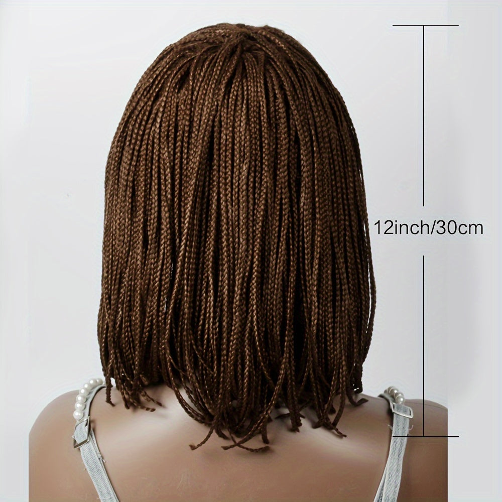 12 Inch Short Box Braid BoBo Wig - Synthetic Hair, Straight Style, Elastic Net Cap, Cornrow Braided Design, Bangs, Basics Style for African Women