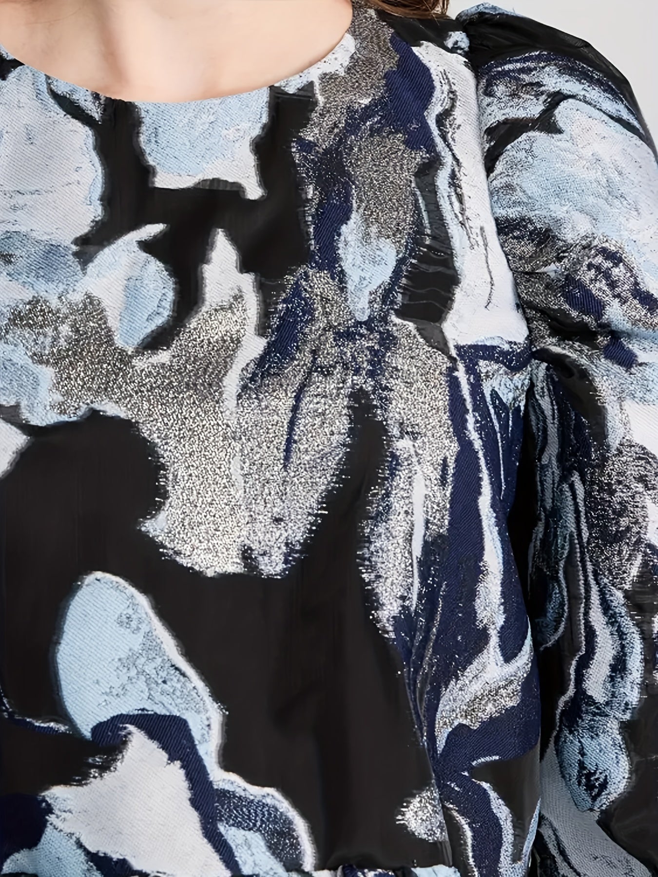 vlovelaw All Over Print Crew Neck Blouse, Casual Ruffle Hem Long Sleeve Blouse For Spring & Fall, Women's Clothing