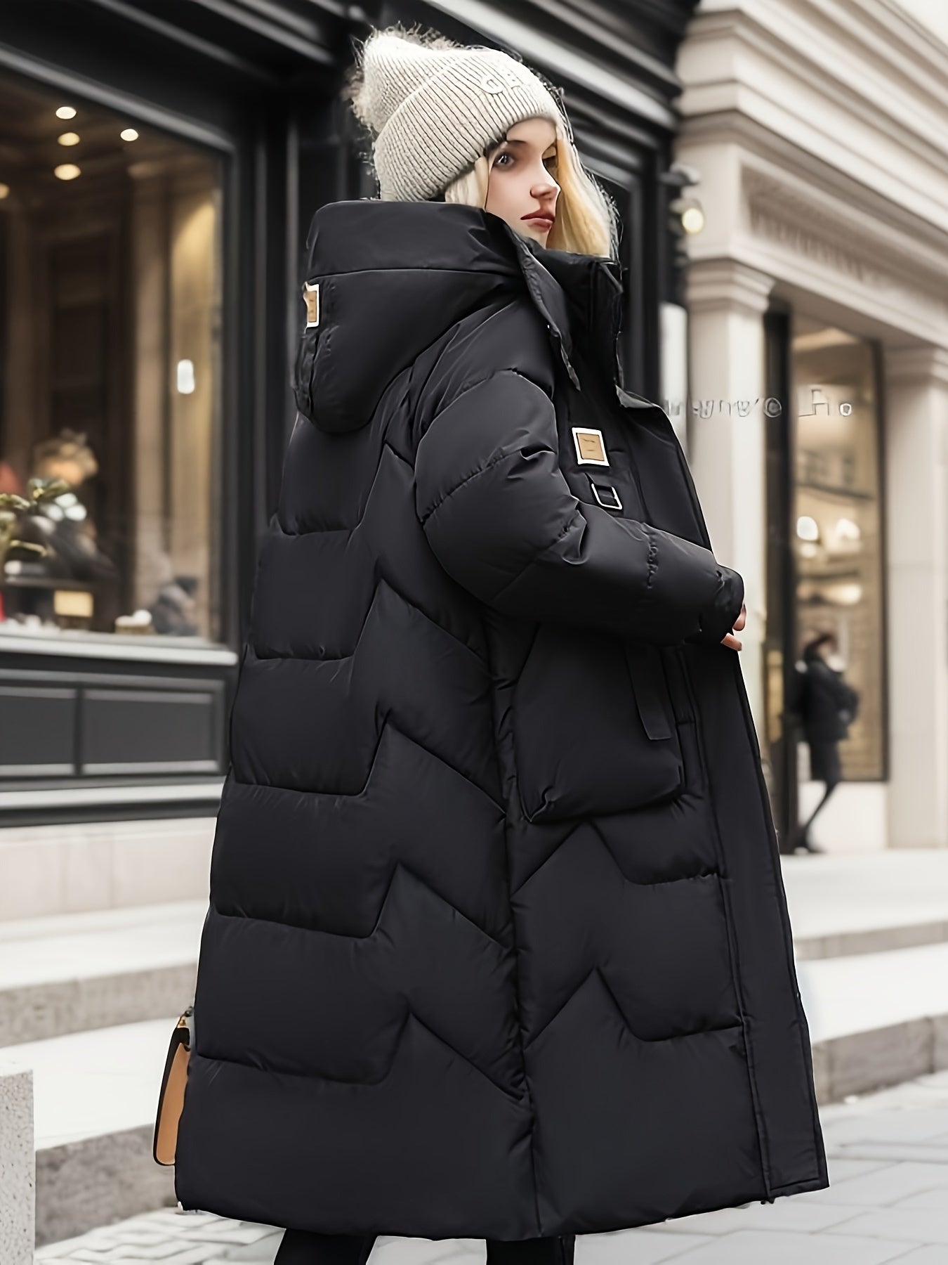 Solid Pockets Zipper Hooded Coat, Versatile Long Sleeve Thermal Midi Length Outwear, Women's Clothing