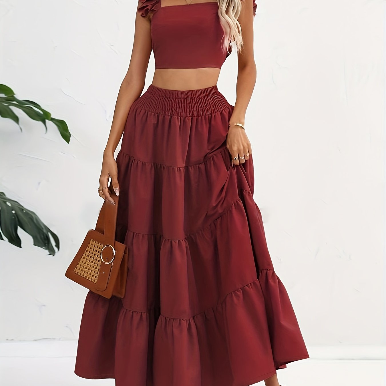 vlovelaw Solid Ruffle Shirred Skirt Suits, Square Neck Flutter Sleeve Backless Crop Top & Elastic High Waist A-line Skirt Outfits, Women's Clothing