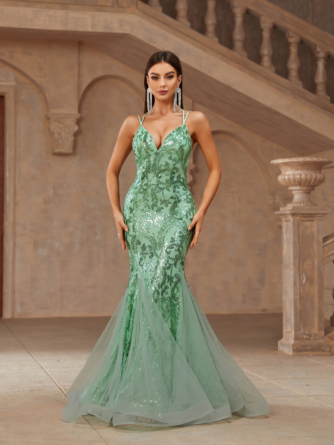 vlovelaw Sequin Spaghetti Strap Dress, Elegant Backless Flared Cut Evening Dress For Party & Banquet, Women's Clothing