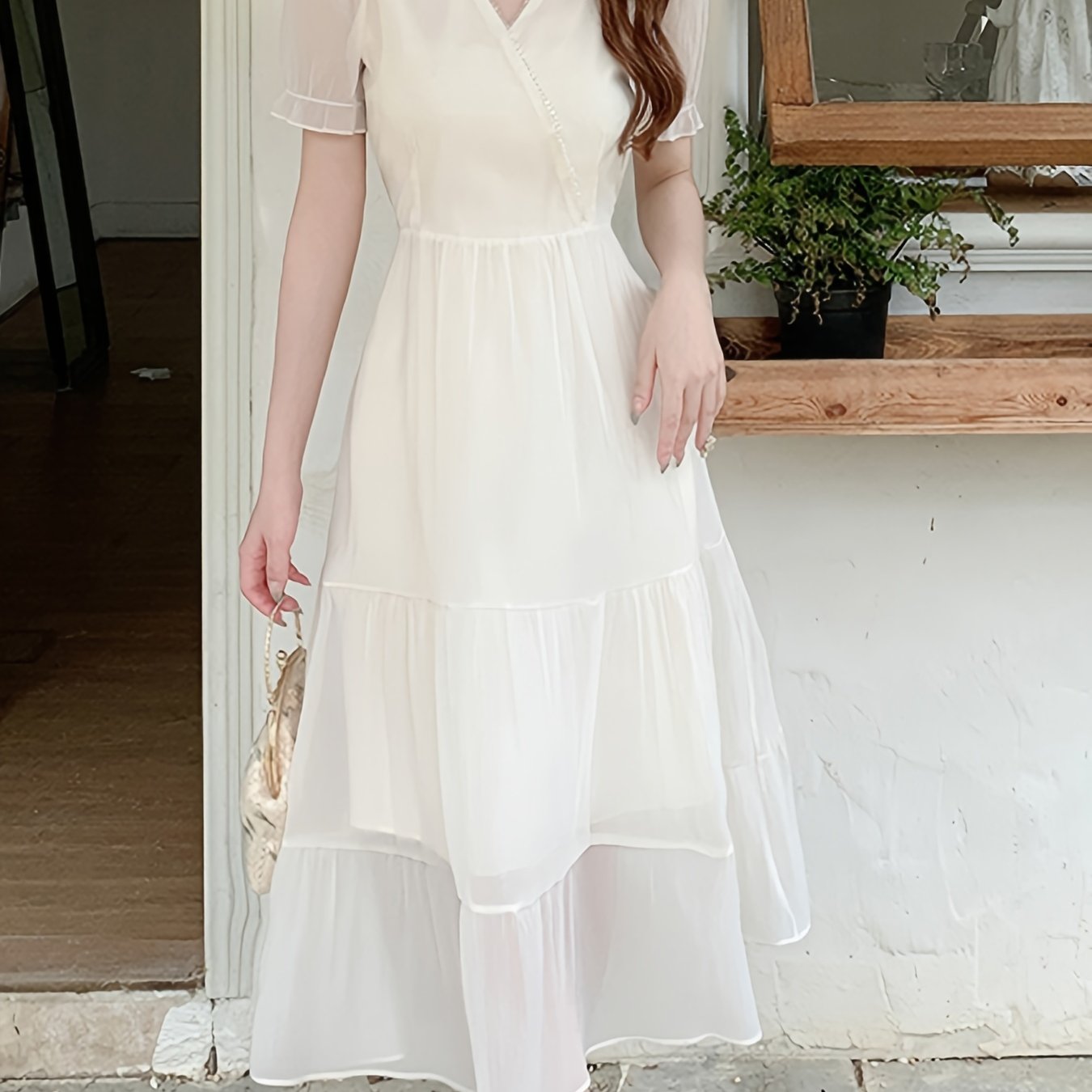 vlovelaw Mesh Overlay Puff Sleeve Dress, Elegant V-neck A-line Dress For Spring & Summer, Women's Clothing