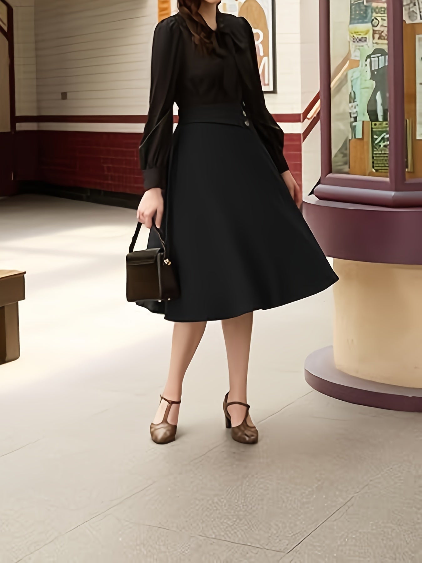 Solid High Waist Flared Skirt, Vintage Button Big Swing Midi Skirt, Women's Clothing