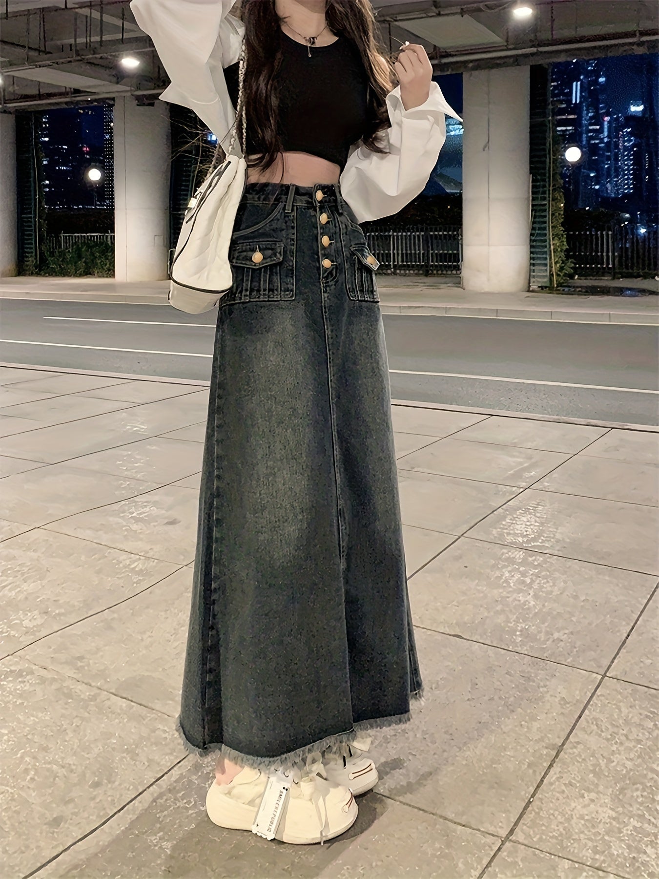 vlovelaw Black Frayed Trim Denim Midi Skirt, Single Breasted Button Flap Pockets Casual Denim Skirt, Women's Denim Clothing