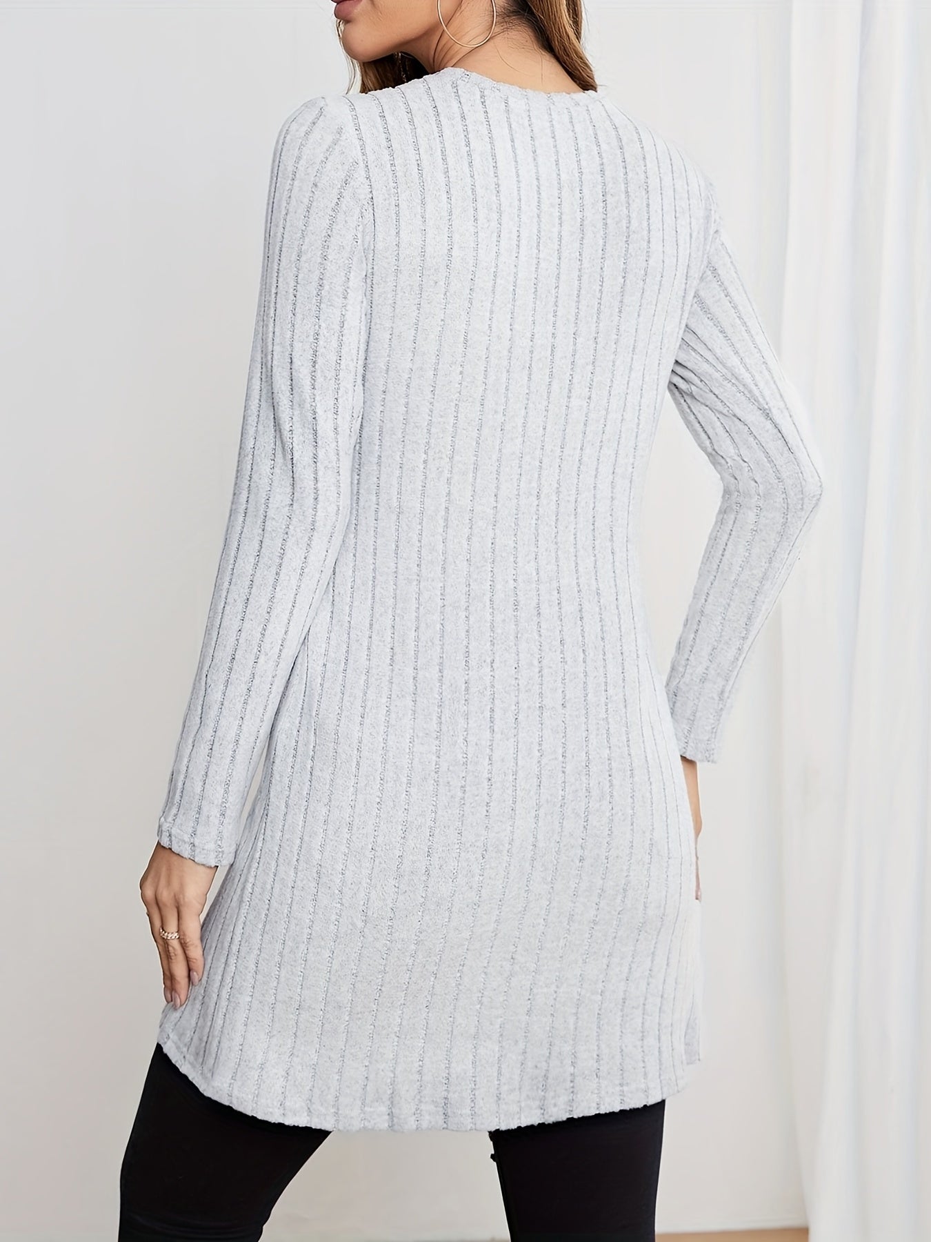 Ribbed Split T-shirt, Casual Solid Crew Neck Long Sleeve T-shirt, Women's Clothing