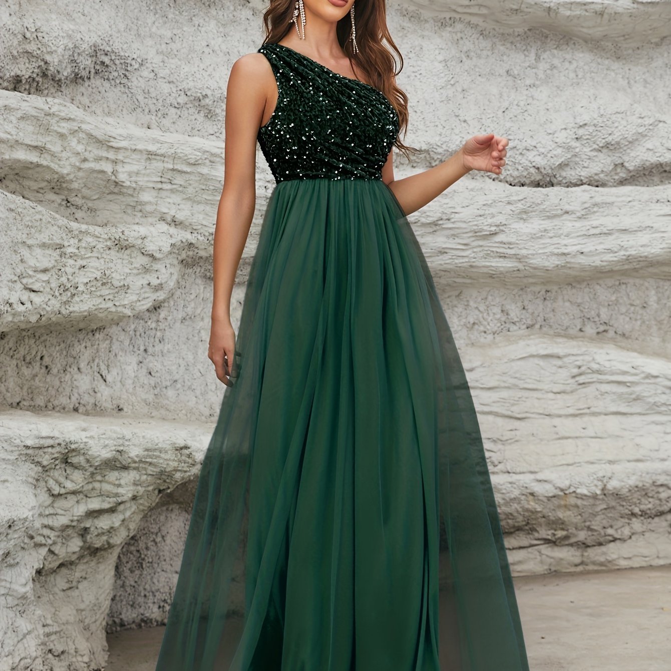 vlovelaw One Shoulder Sequin Dress, Elegant Sleeveless Dress For Party & Banquet, Women's Clothing