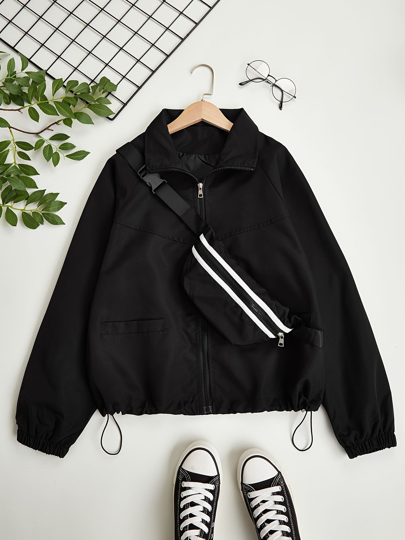 vlovelaw Solid Zip Up Jacket, Casual Long Sleeve Windproof Daily Outerwear With Bag, Women's Clothing