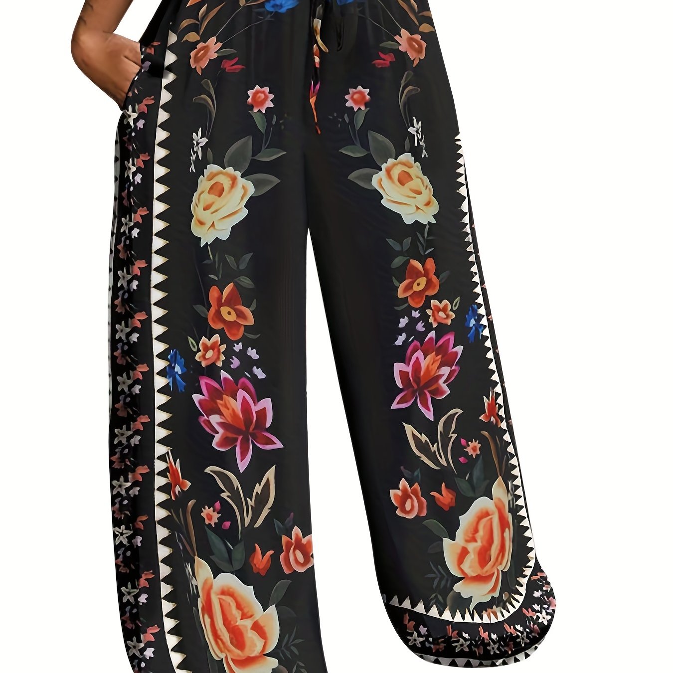 Peacock Print Wide Leg Pants, Retro Drawstring Long Length Palazzo Pants, Women's Clothing