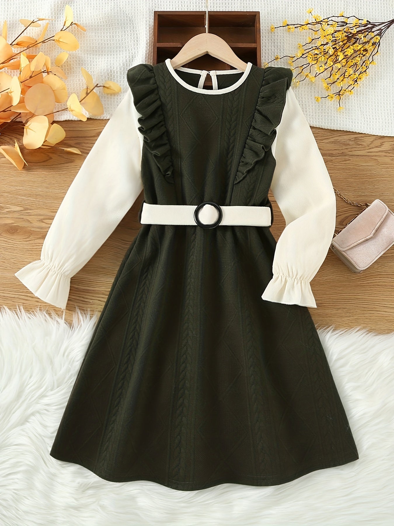 vlovelaw Girls' Color Block Flutter Trim Long Sleeve Fall/ Winter Casual Dress For Outwear, Pre Teen Girl Clothing Gift Idea