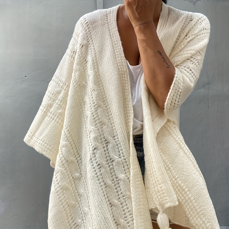 vlovelaw Ribbed Knitted Tassel Shawl Warm Windproof Wrap Poncho Boho Solid Color Cloak Trendy Sweater Cape Cardigan